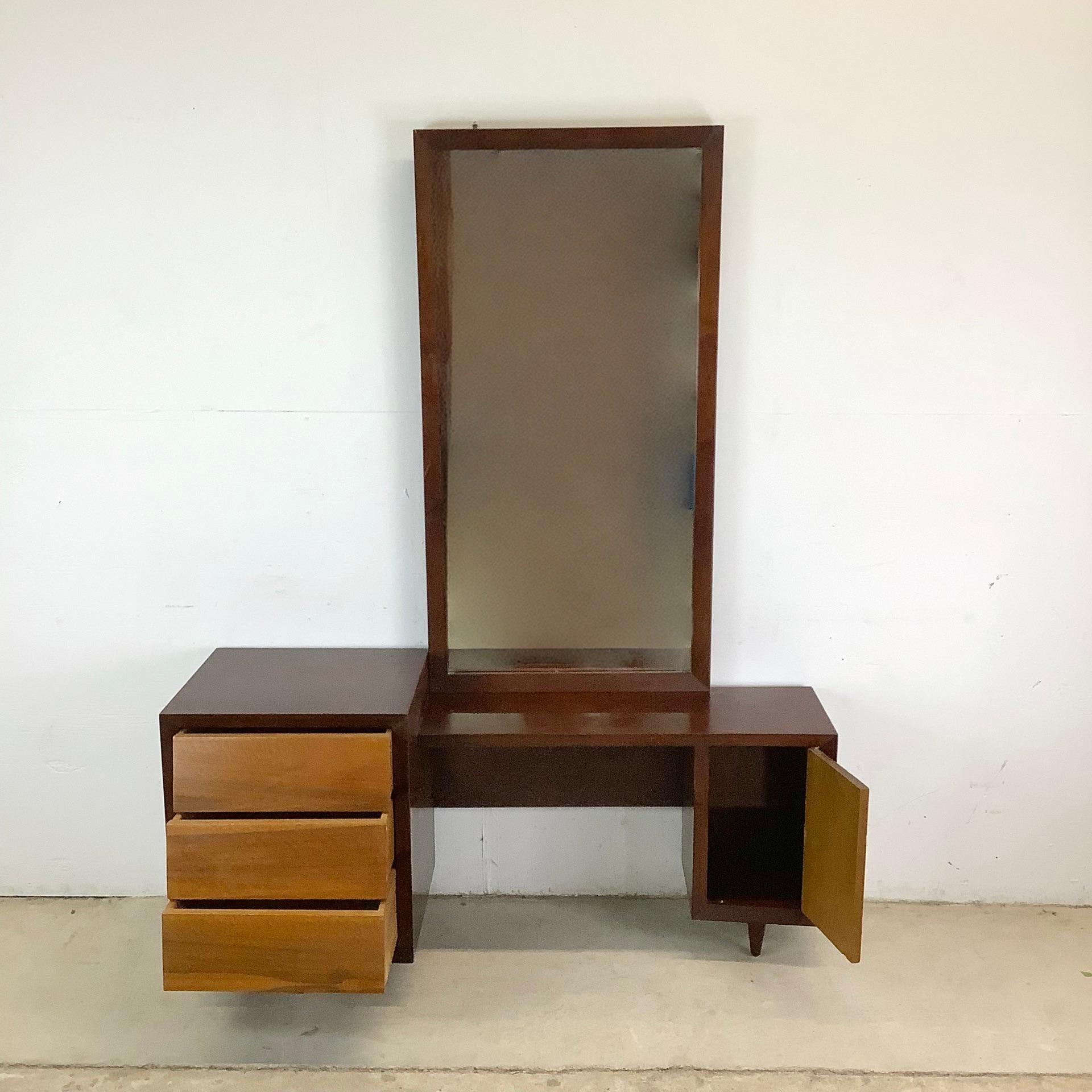 Veneer Mid-Century Vanity Table With Dressing Mirror & Stool