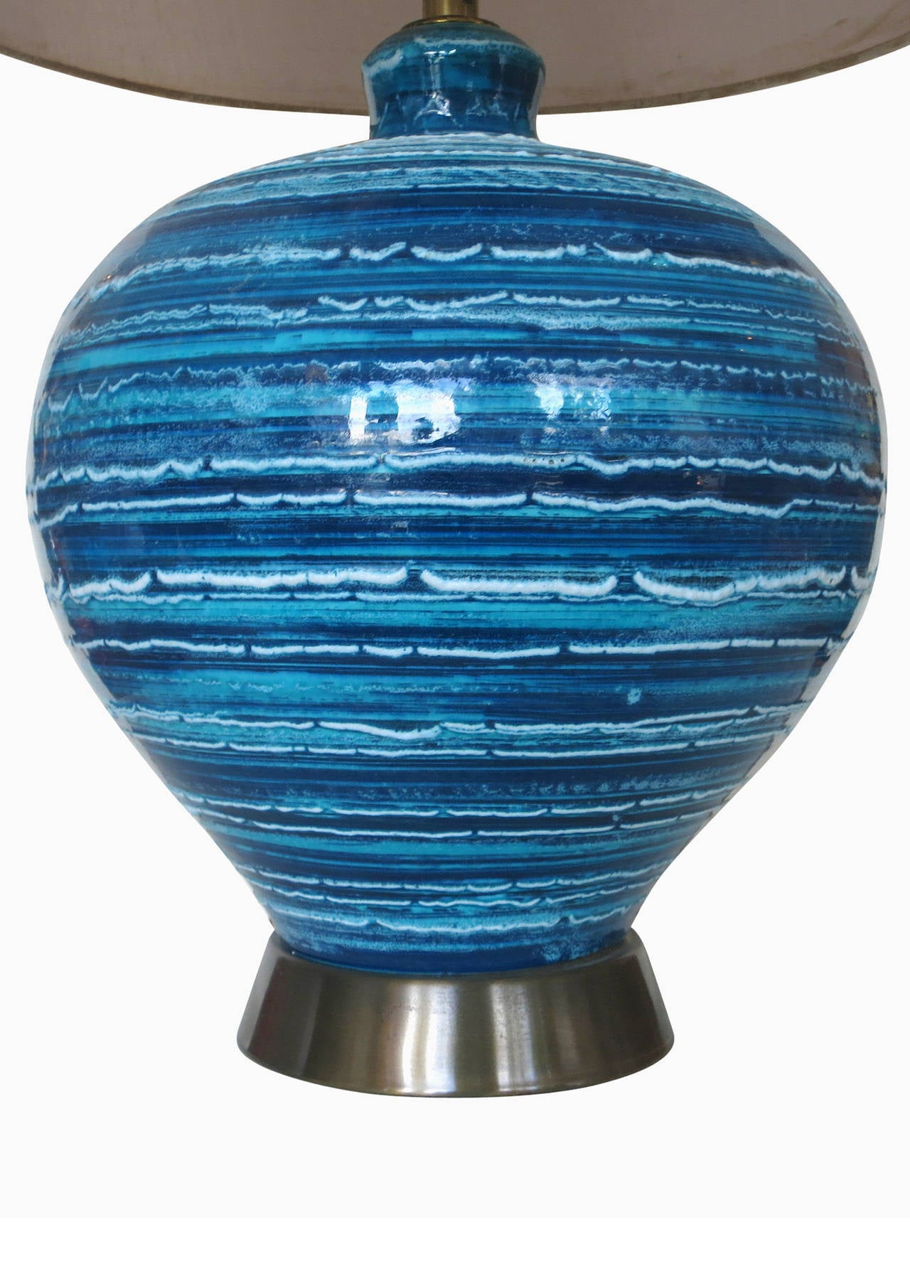 Mid-Century Modern Midcentury Variegated Blue Striped Glaze Ceramic Lamp For Sale