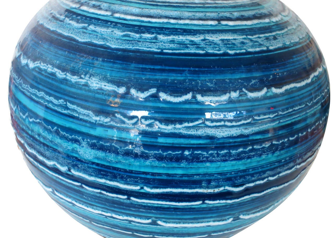 American Midcentury Variegated Blue Striped Glaze Ceramic Lamp For Sale