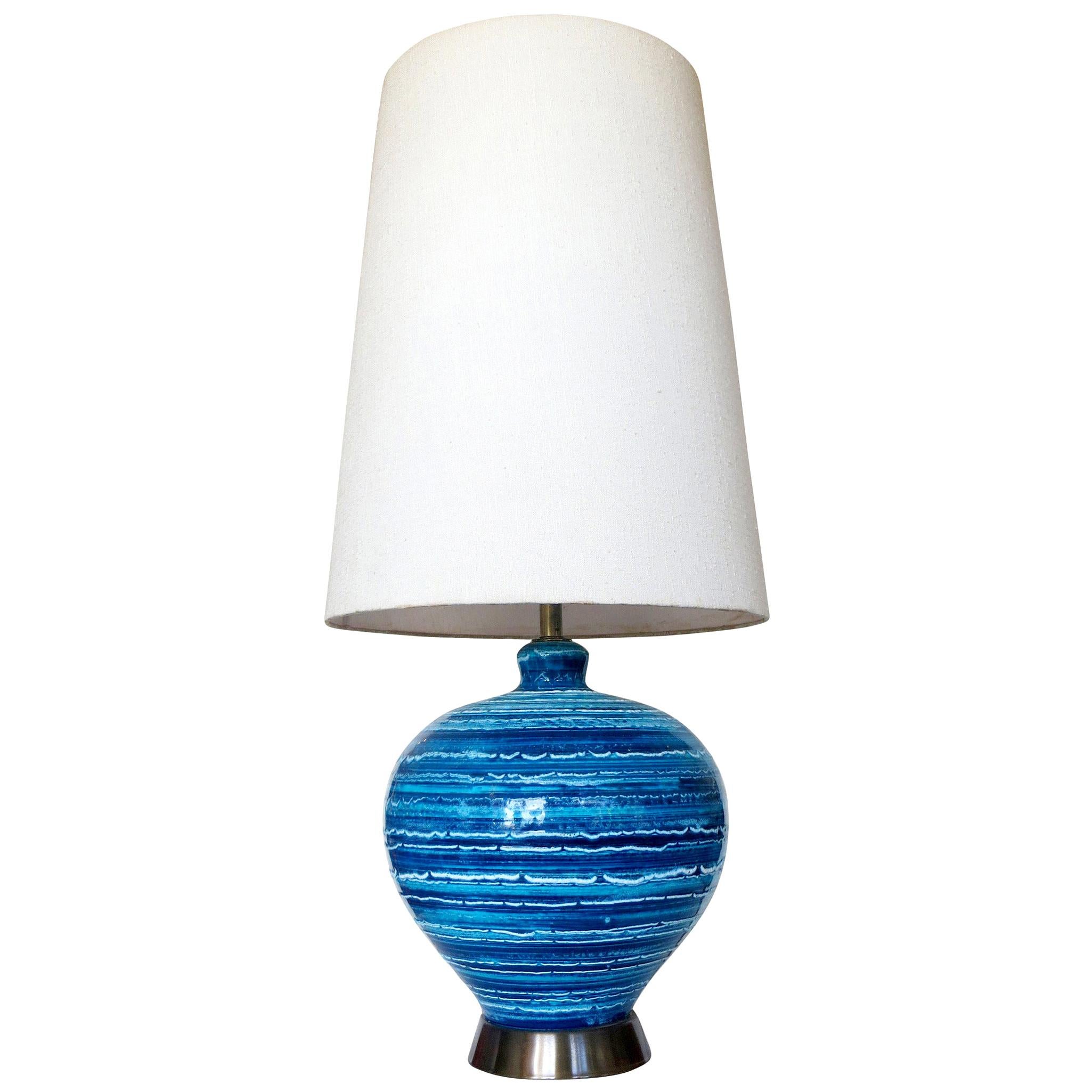 Midcentury Variegated Blue Striped Glaze Ceramic Lamp