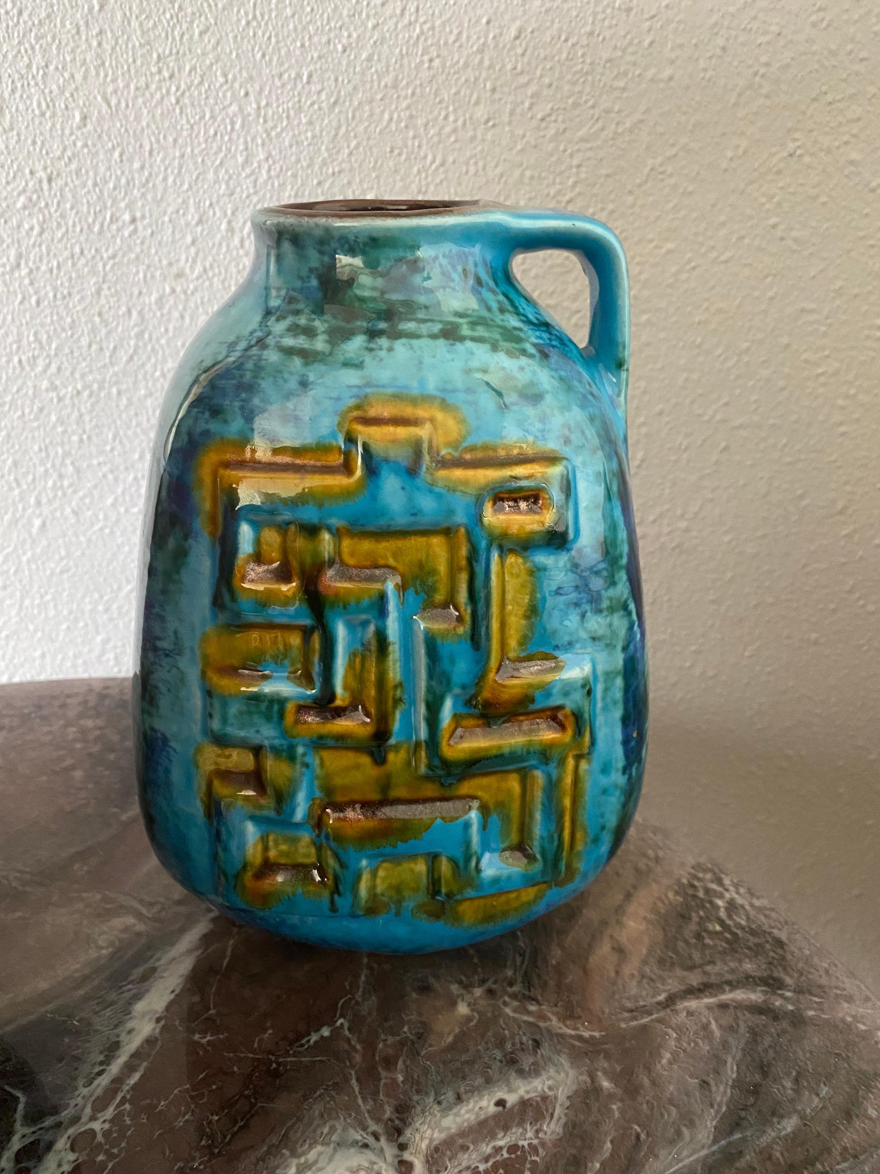 Beautiful vibrant blue with yellow/ochre ceramic vase from the quality items maker Carstens Keramik.