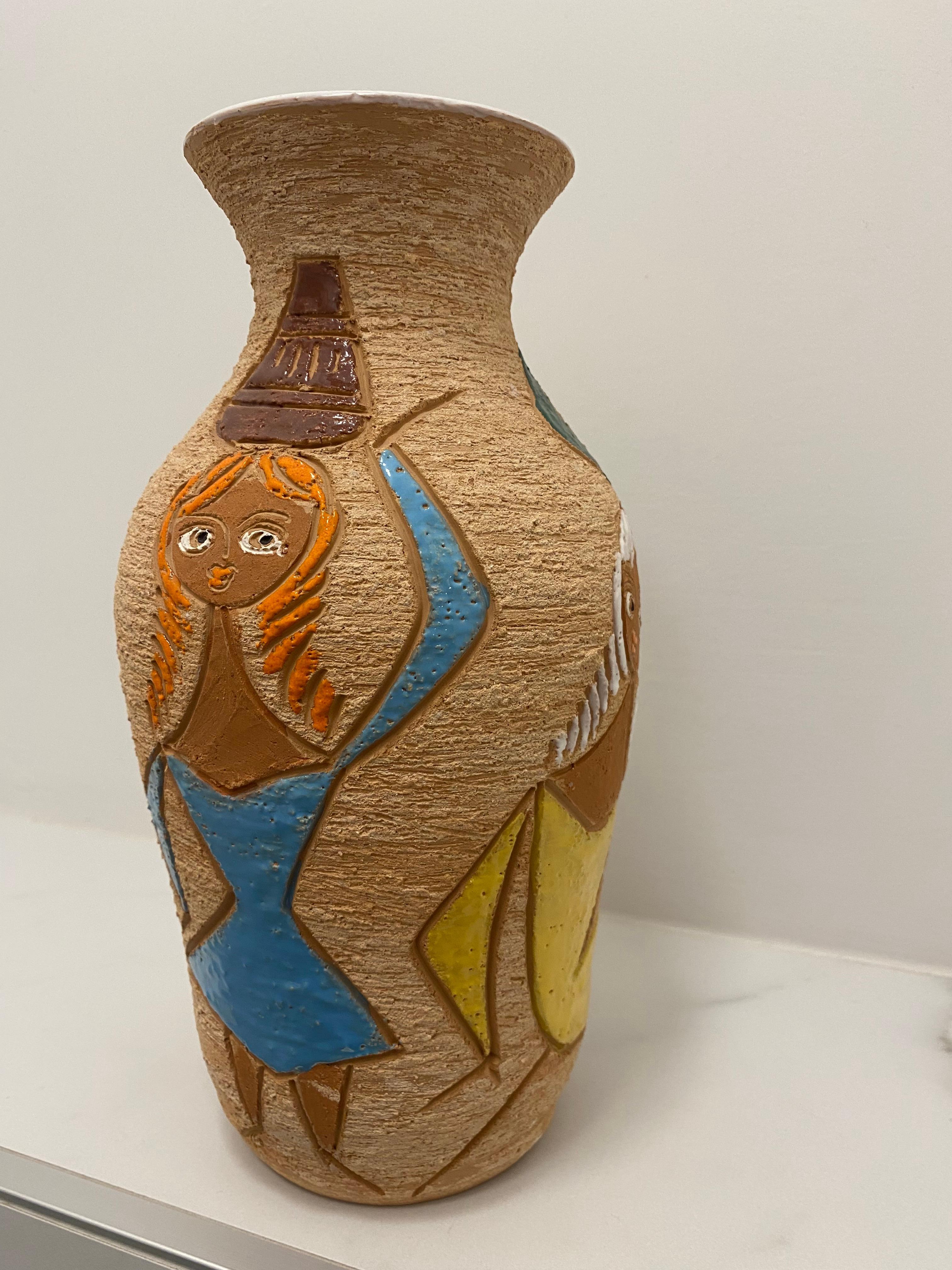 Stunning and vibrant, 27 cm high, vase with sgrafitto and hand-painted colored glossy pattern of stylised women. On the base is painted Italy 7862
I have also a smaller and a large one for sale.
Fratelli Fanciullacci Pottery: during the first half
