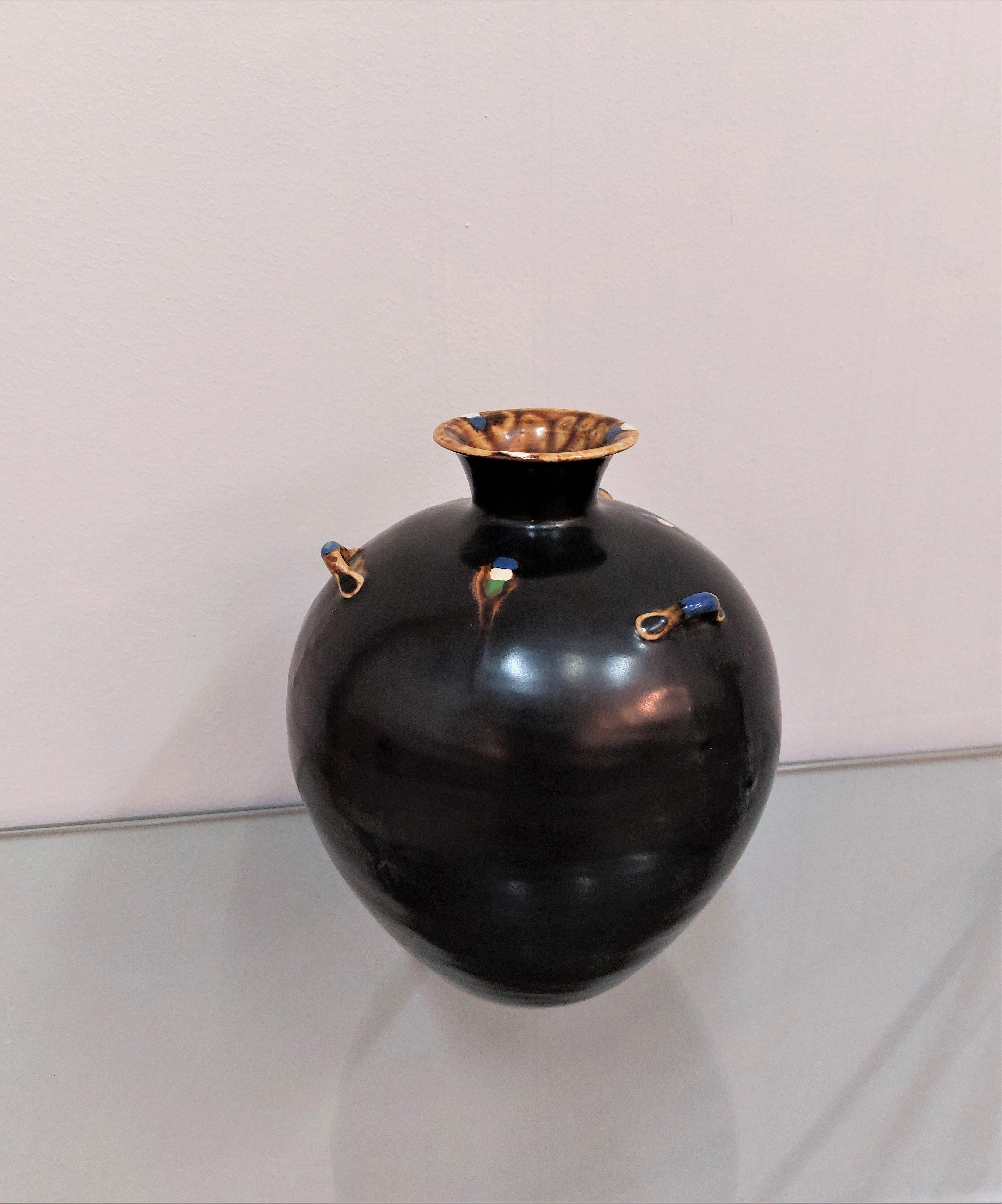 Decorative Object Ceramic Vase Enameled Black Midcentury Italian Design 1950s For Sale