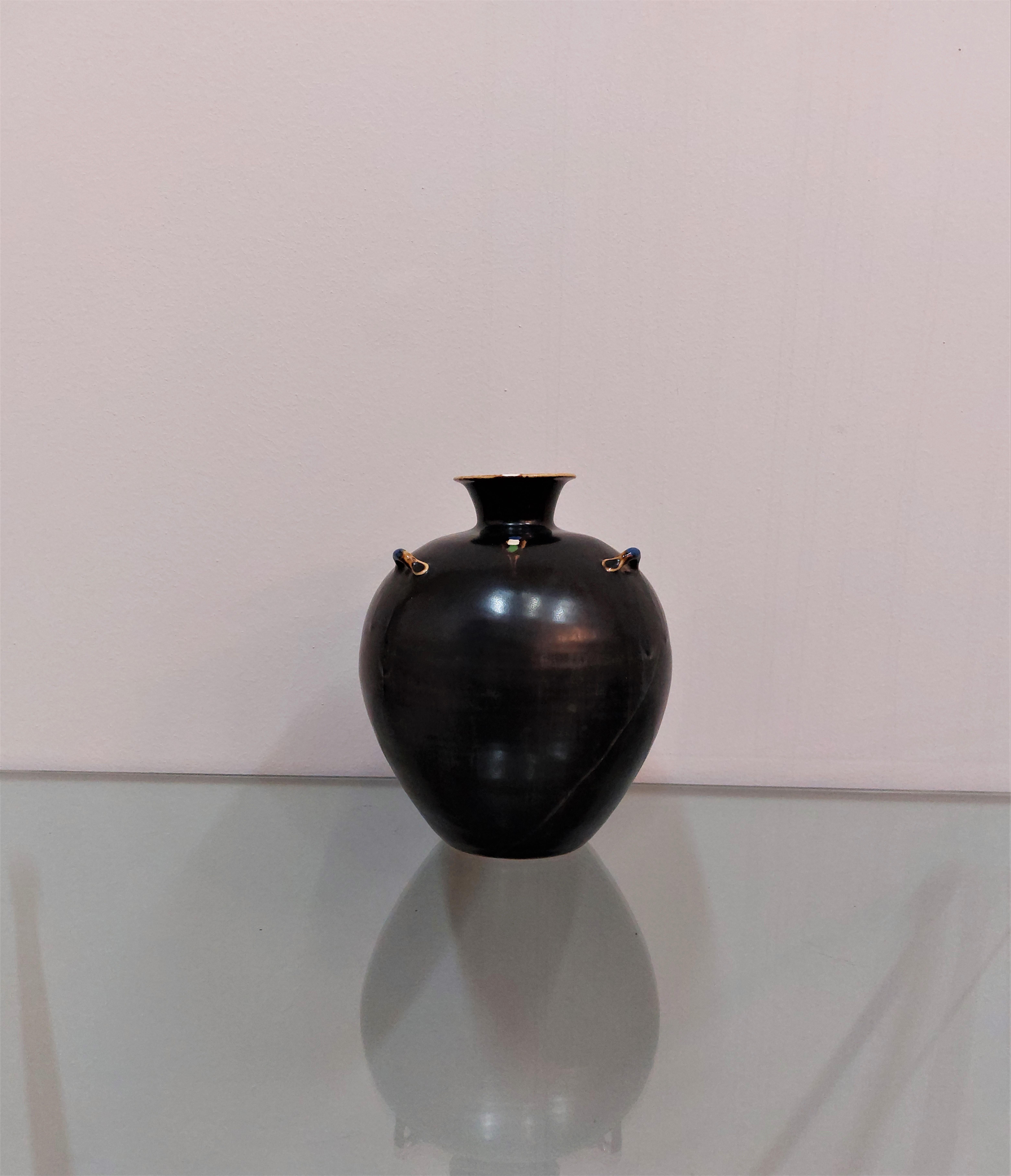 Decorative Object Ceramic Vase Enameled Black Midcentury Italian Design 1950s For Sale 1