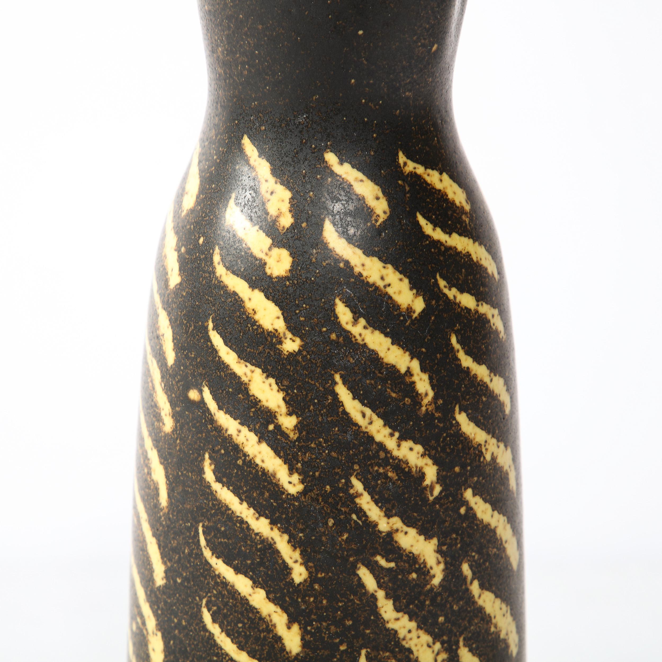 Mid-Century Vase in Burnt Umber w/ Dandelion Yellow Hand-Brushed Patterned Glaze For Sale 4