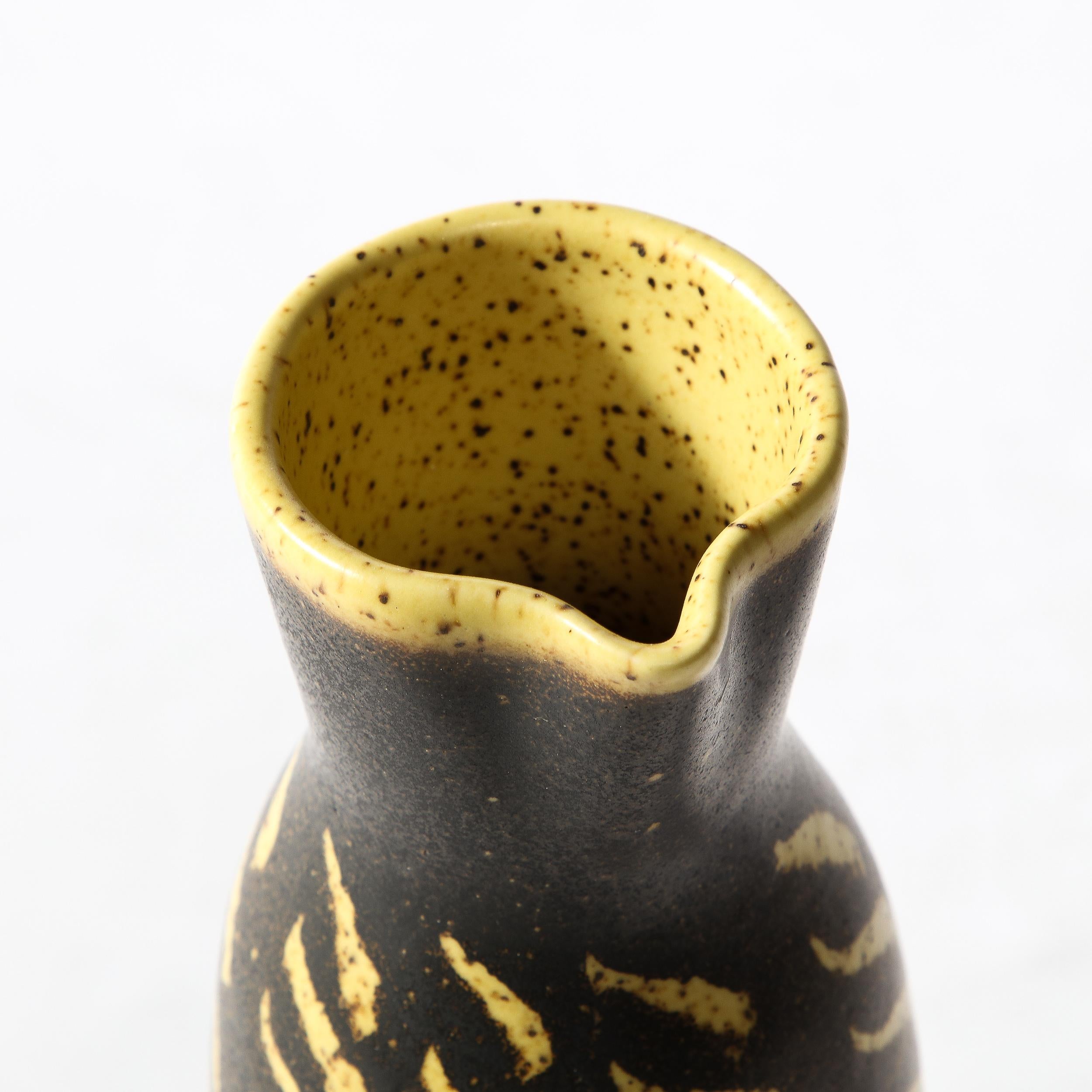 Mid-Century Vase in Burnt Umber w/ Dandelion Yellow Hand-Brushed Patterned Glaze For Sale 7