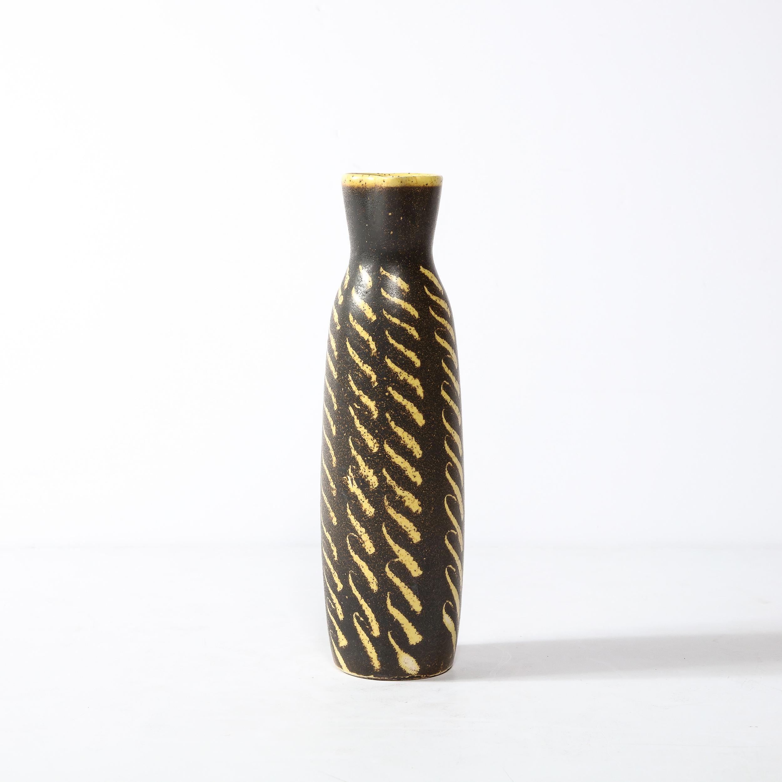Mid-Century Modern Mid-Century Vase in Burnt Umber w/ Dandelion Yellow Hand-Brushed Patterned Glaze For Sale