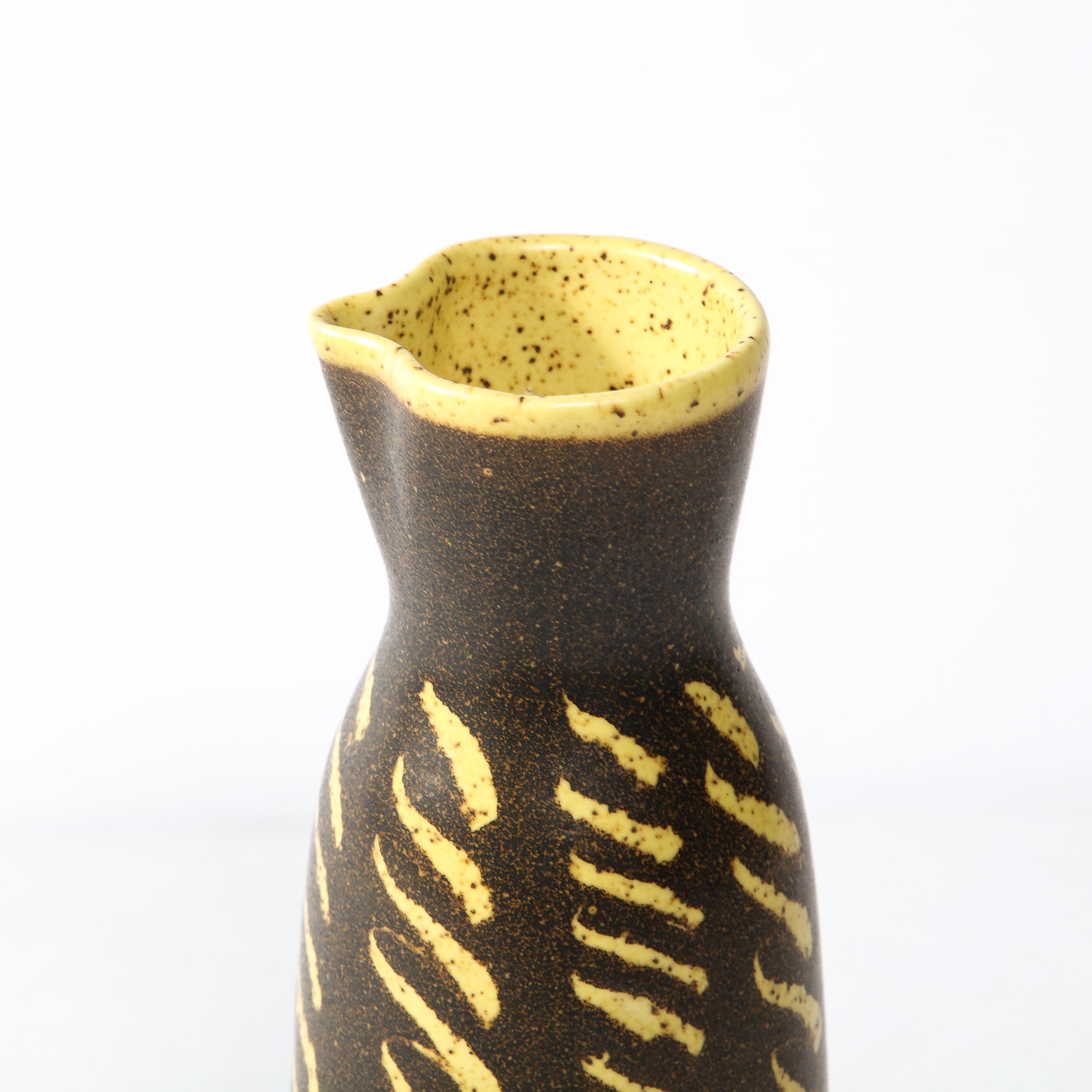 Mid-20th Century Mid-Century Vase in Burnt Umber w/ Dandelion Yellow Hand-Brushed Patterned Glaze For Sale