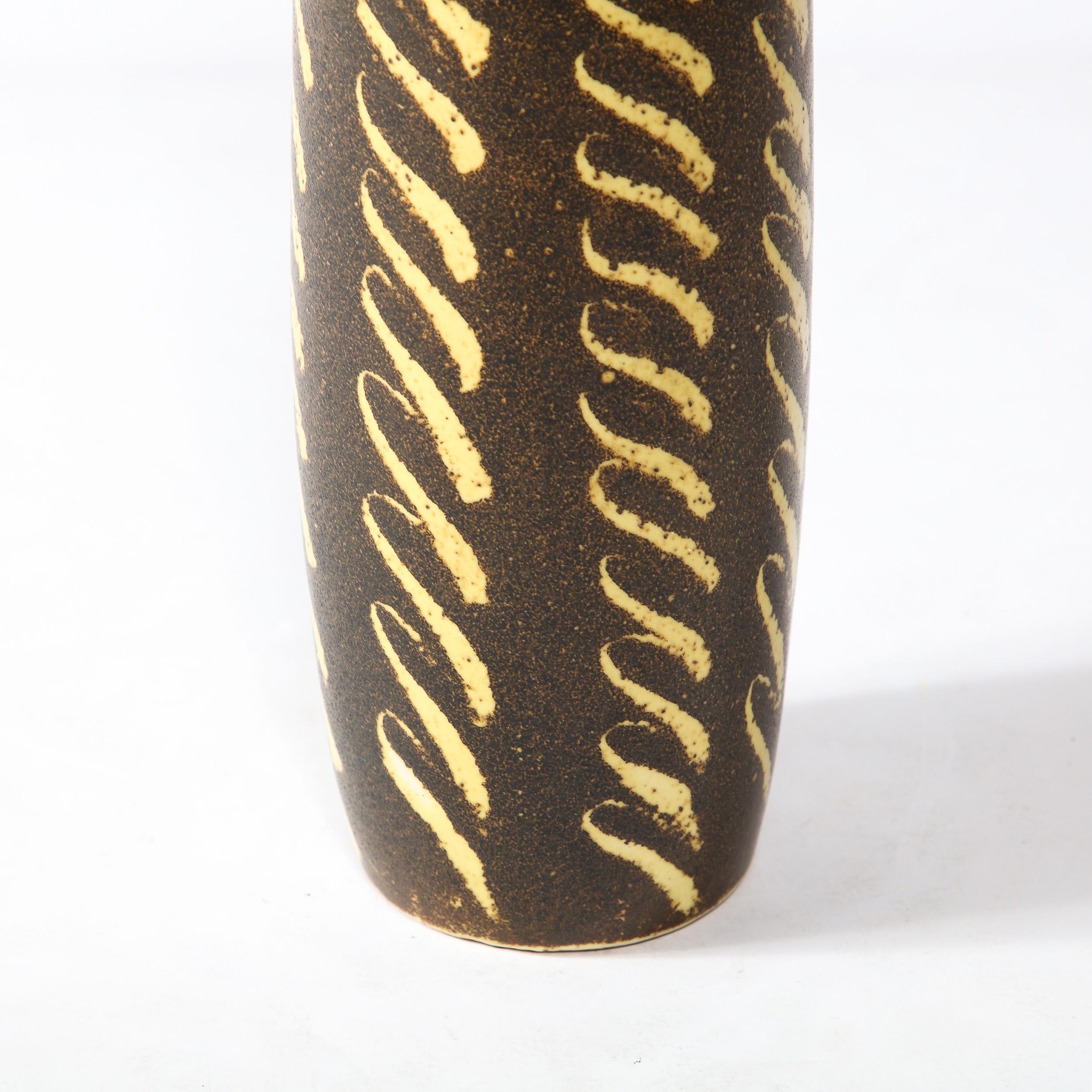 Ceramic Mid-Century Vase in Burnt Umber w/ Dandelion Yellow Hand-Brushed Patterned Glaze For Sale