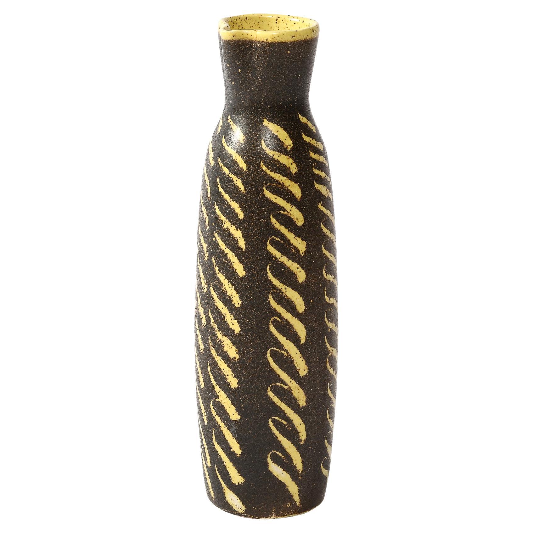 Mid-Century Vase in Burnt Umber w/ Dandelion Yellow Hand-Brushed Patterned Glaze For Sale
