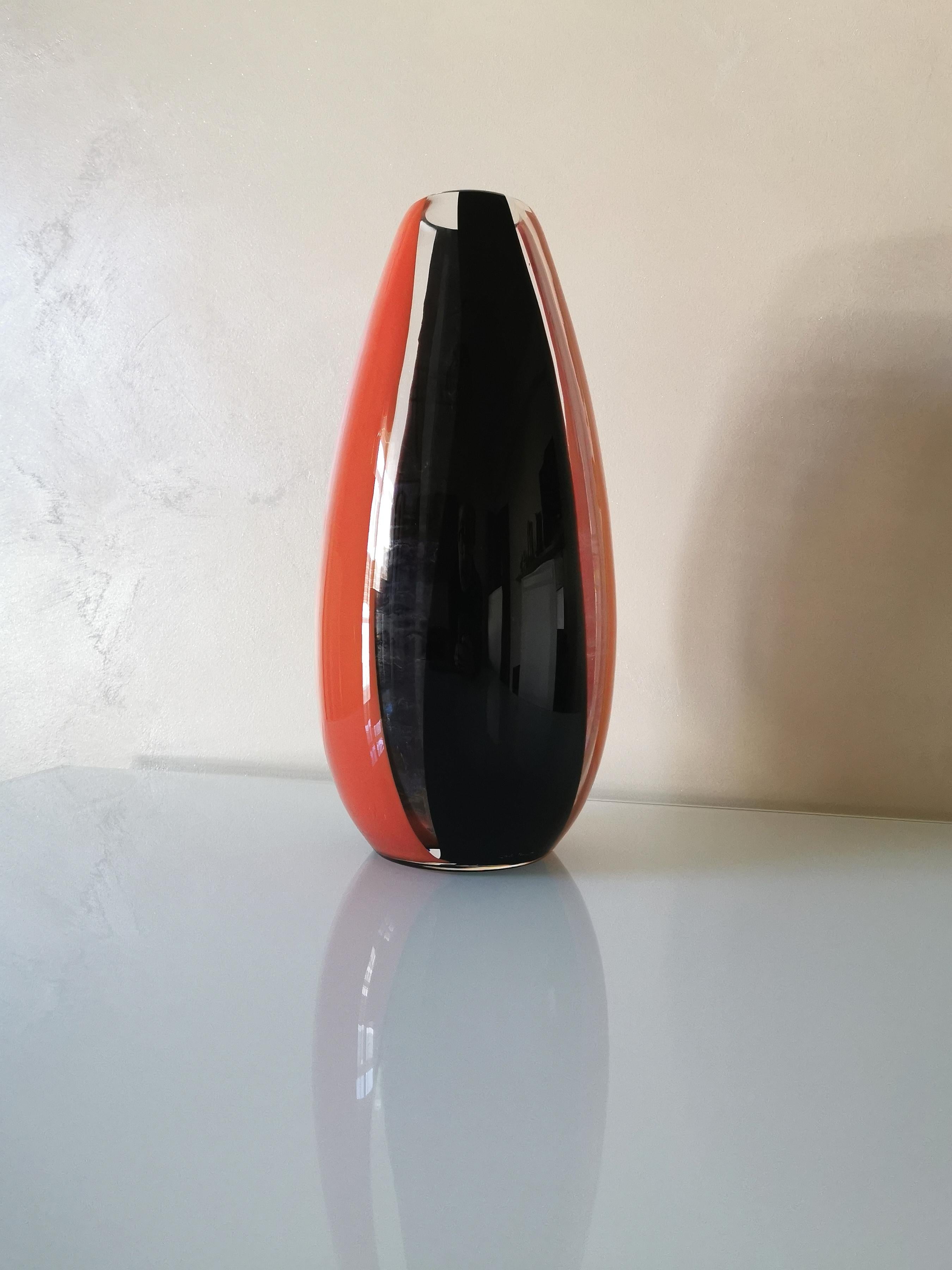 Mid-Century Modern Mid Century Murano Glass Orange Black Vase by Carlo Moretti Italian Design 1980s
