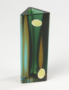 Mid-Century Vase - Murano - Sommerso Glass - Green and Amber Geometric Design