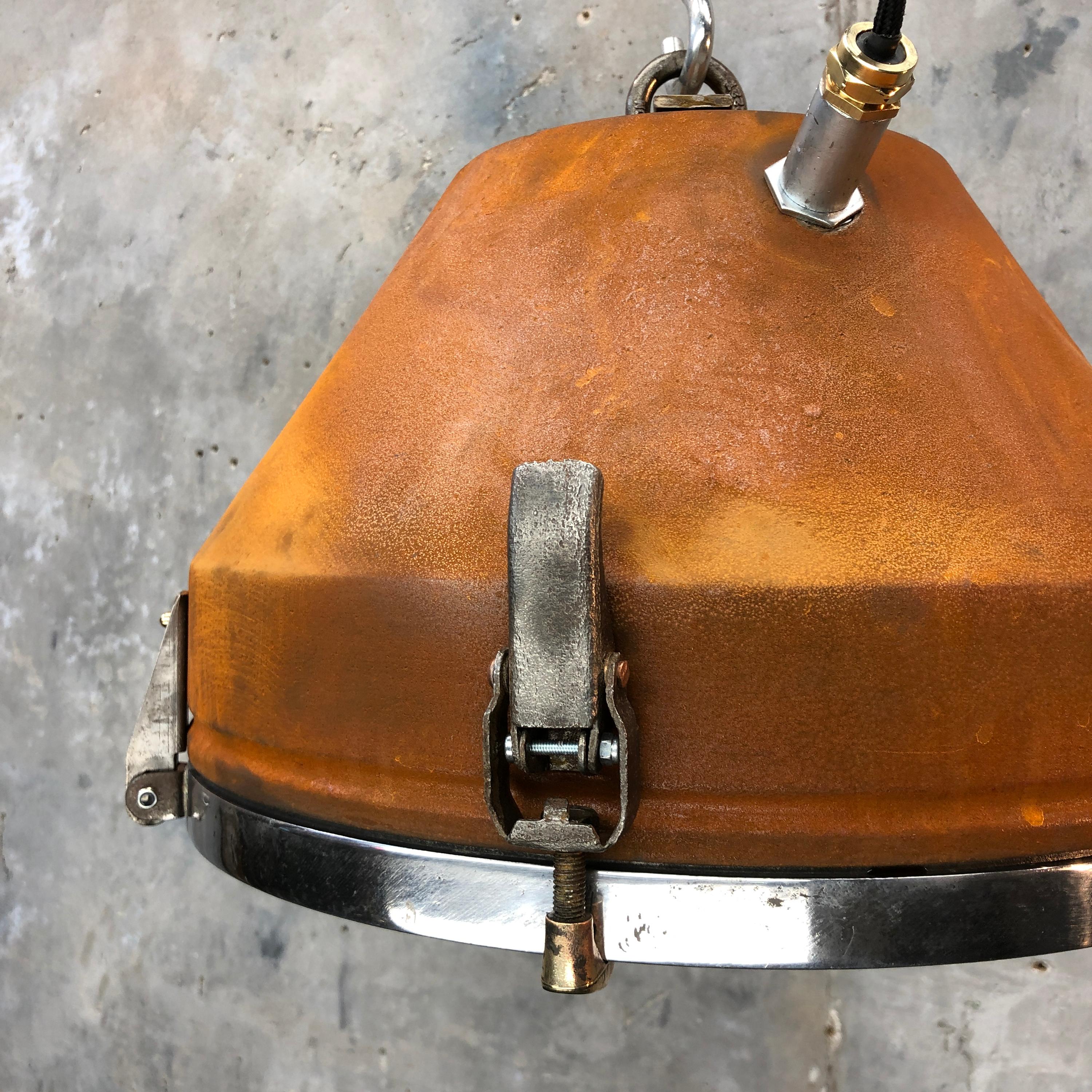 Mid Century Industrial Iron & Aluminum Conical Pendant Rust Appliqué VEB GDR  5