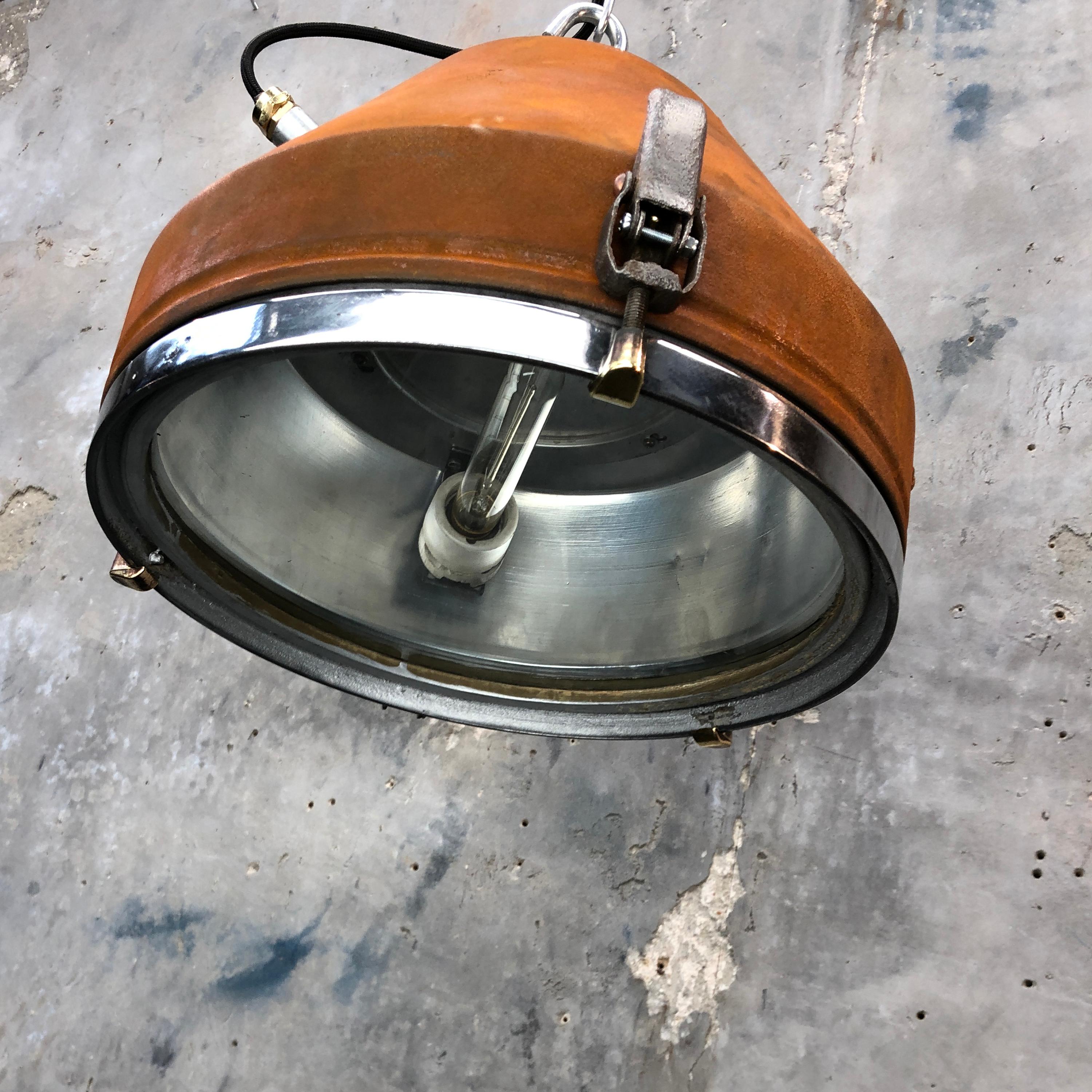 Mid Century Industrial Iron & Aluminum Conical Pendant Rust Appliqué VEB GDR  7
