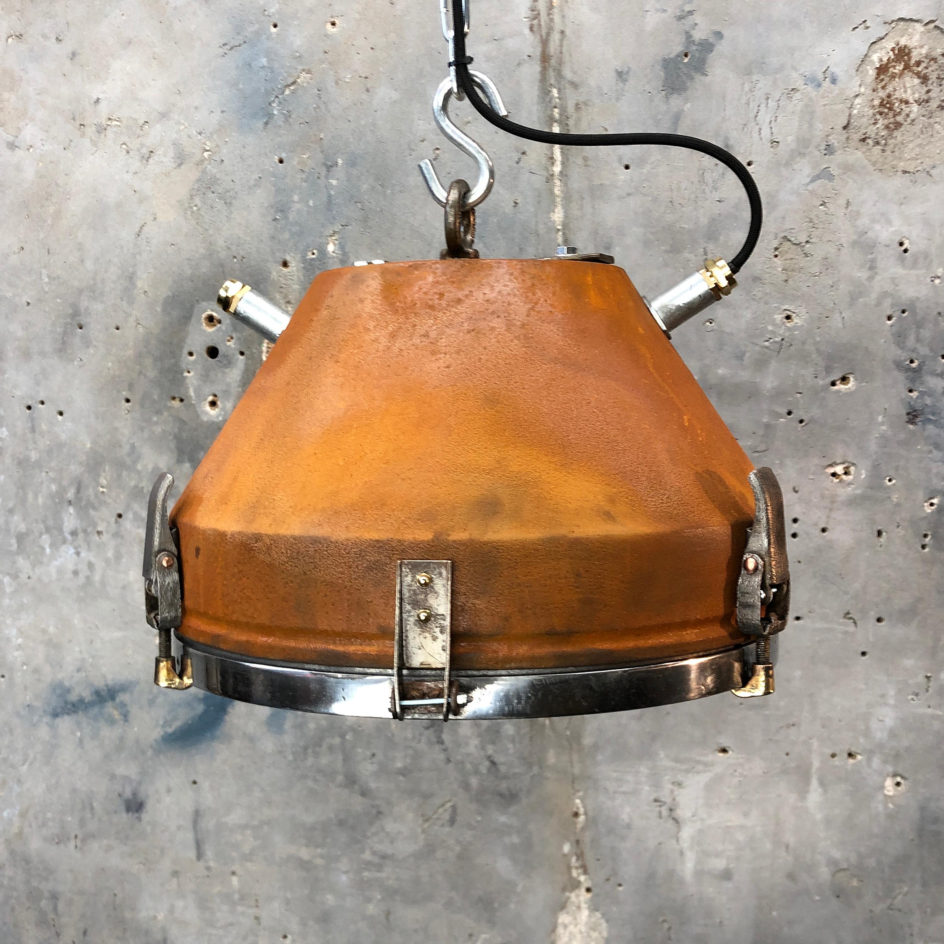 Mid Century Industrial Iron & Aluminum Conical Pendant Rust Appliqué VEB GDR  11