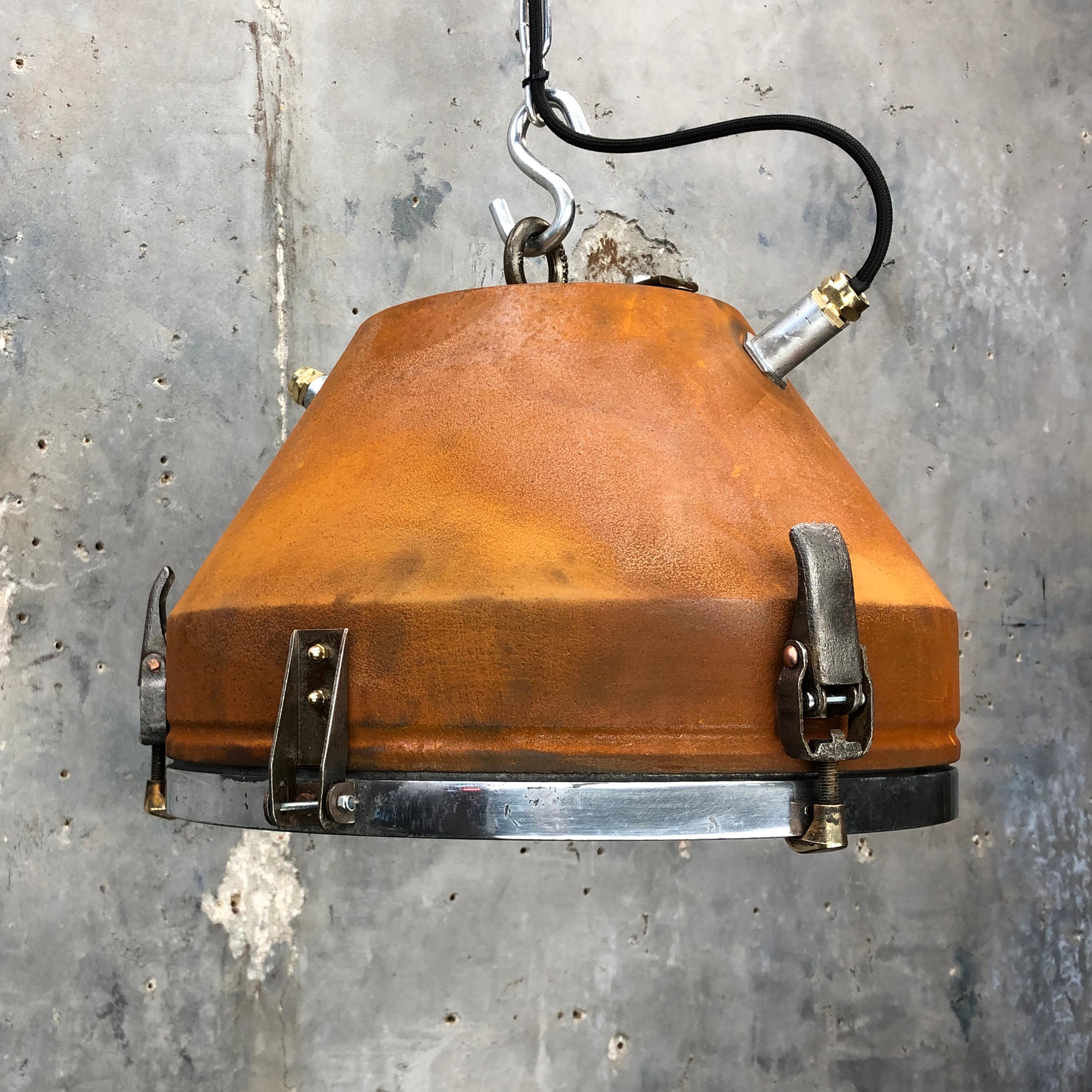 A mid century industrial rusty iron & aluminum ceiling pendant with glass cover by VEB of Germany with rust applique finish.

Professionally restored by hand in the UK to modern lighting standards for use in contemporary interiors. Originally