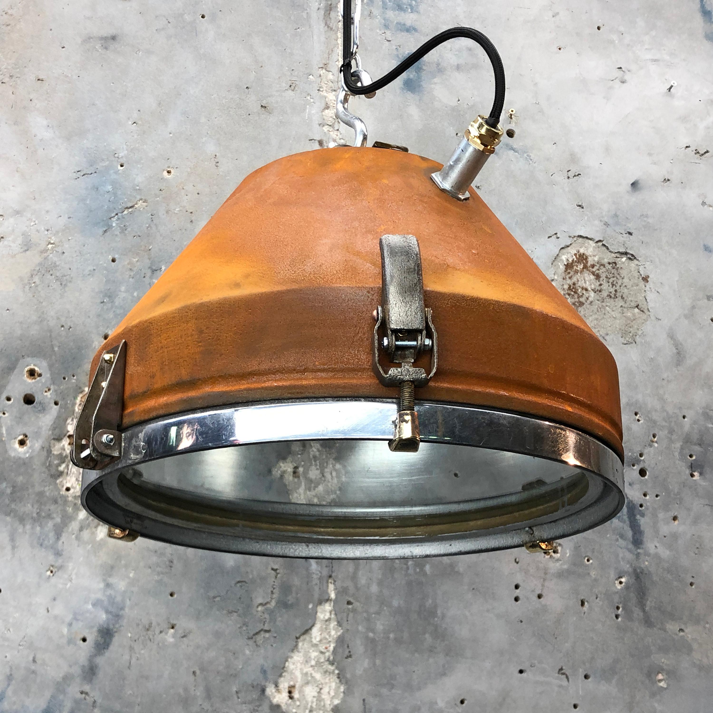 Mid Century Industrial Iron & Aluminum Conical Pendant Rust Appliqué VEB GDR  In Good Condition In Leicester, Leicestershire