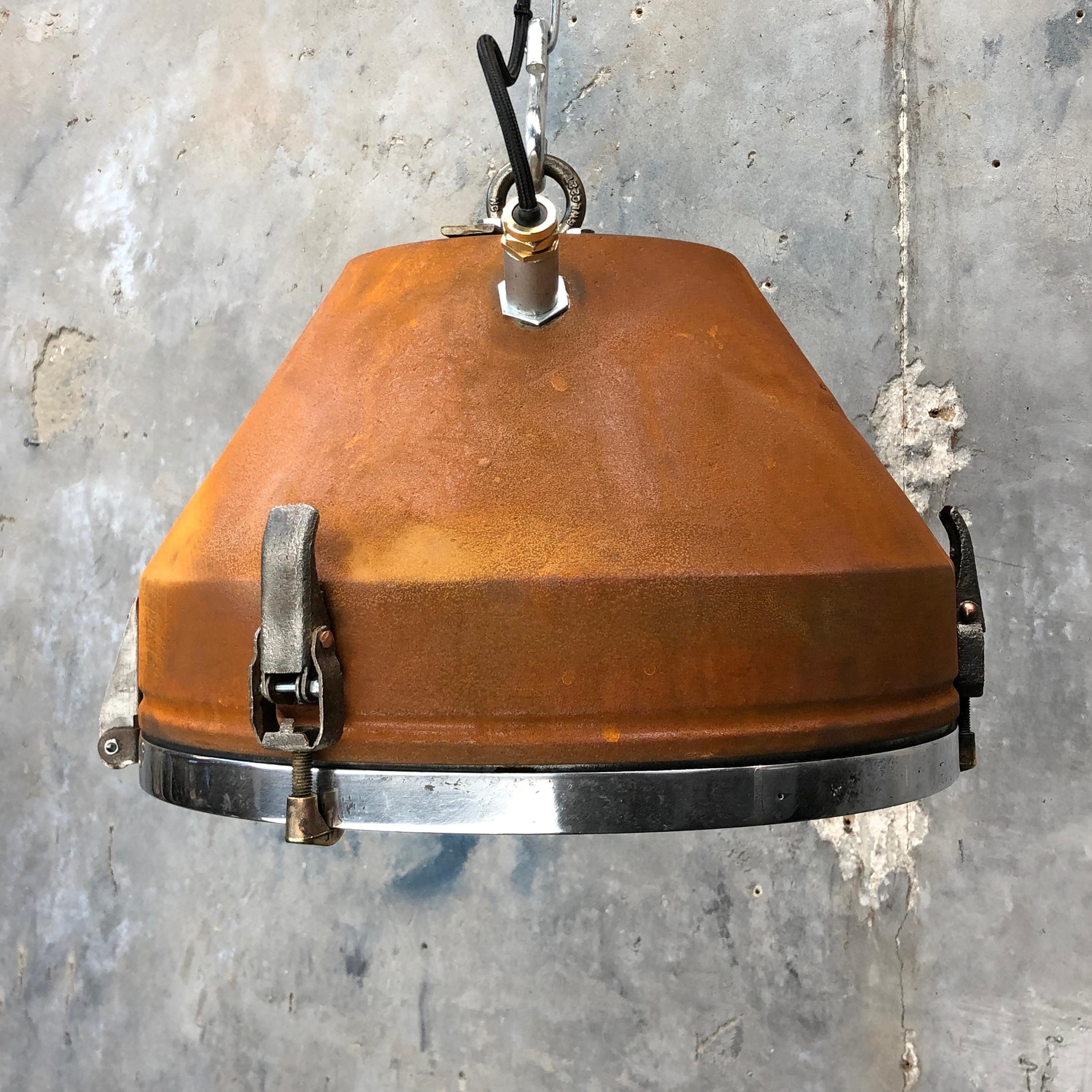 Mid Century Industrial Iron & Aluminum Conical Pendant Rust Appliqué VEB GDR  1