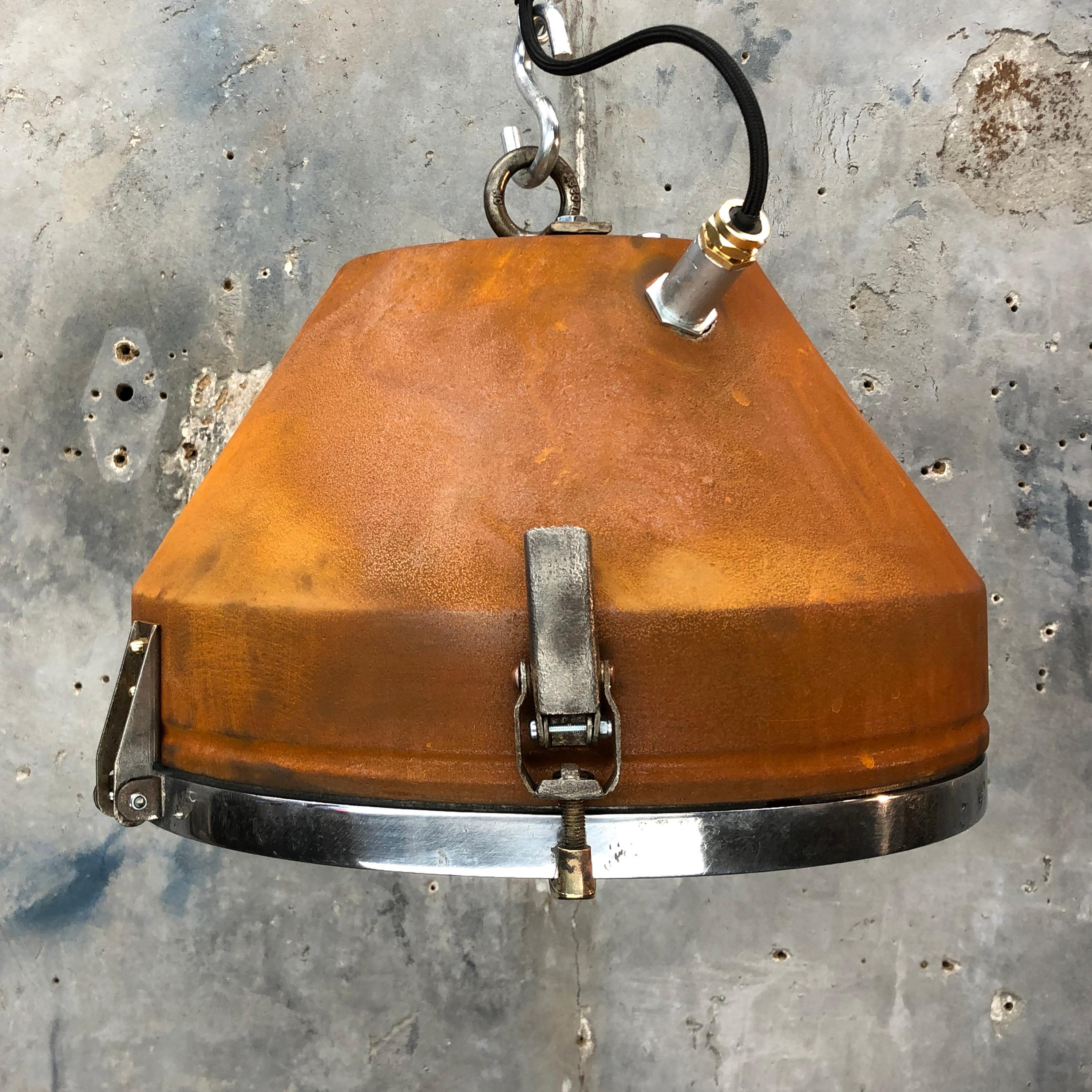 Mid Century Industrial Iron & Aluminum Conical Pendant Rust Appliqué VEB GDR  2