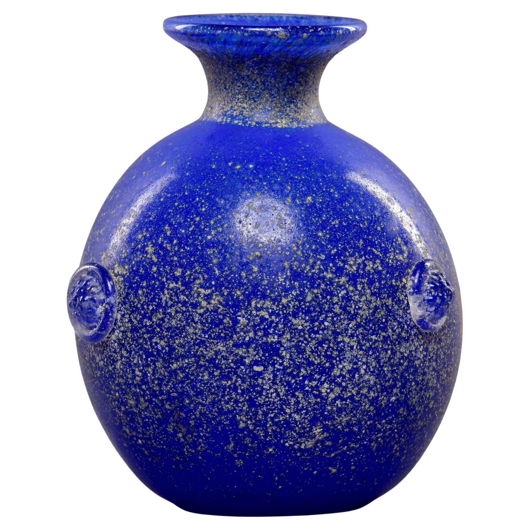 Mid Century Vecchia Blue Scavo Style Murano Glass Vase