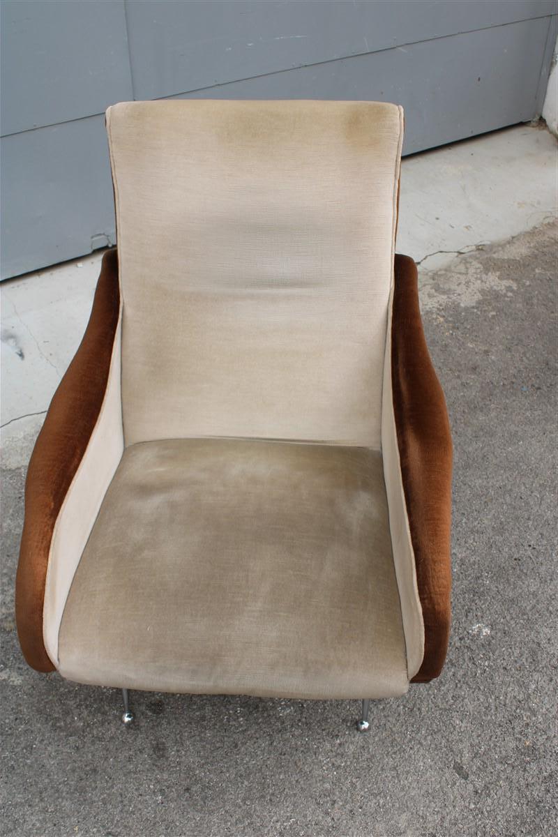Chrome Mid-Century Velvet Armchair Zanuso Style Italian Design, 1950s For Sale