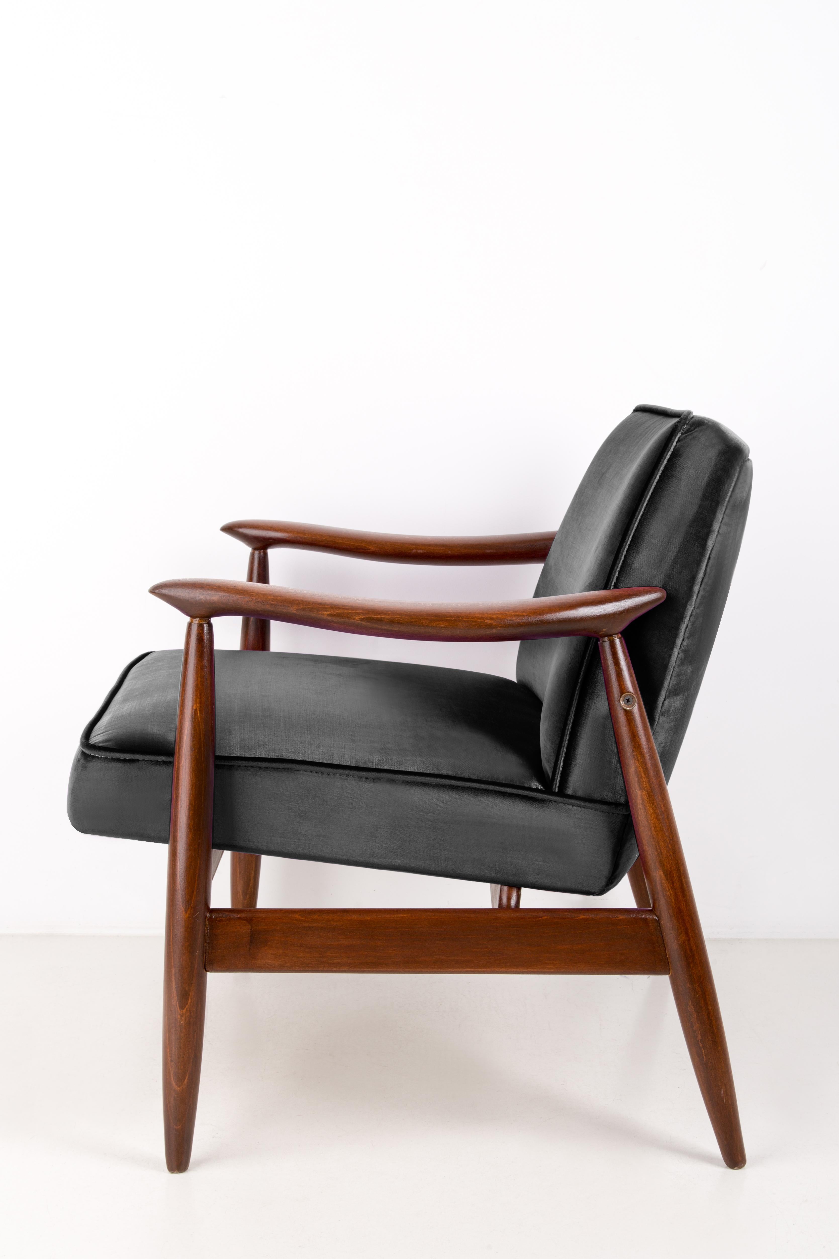Mid-Century Modern Mid Century Velvet Black Armchair, Designed by J. Kedziorek, Europe, 1960s For Sale