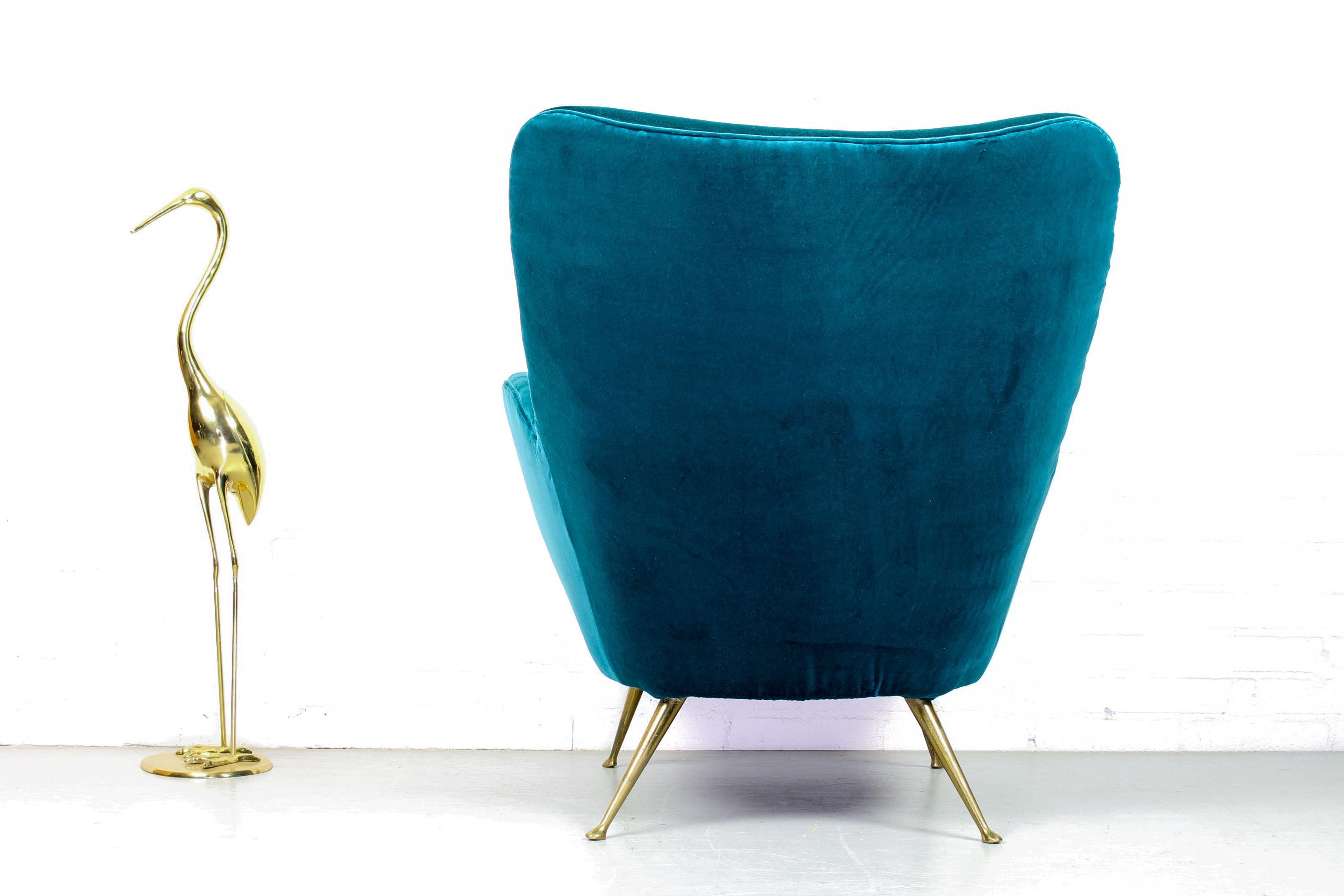 Italian Midcentury Velvet Chair with Brass Legs, 1960s