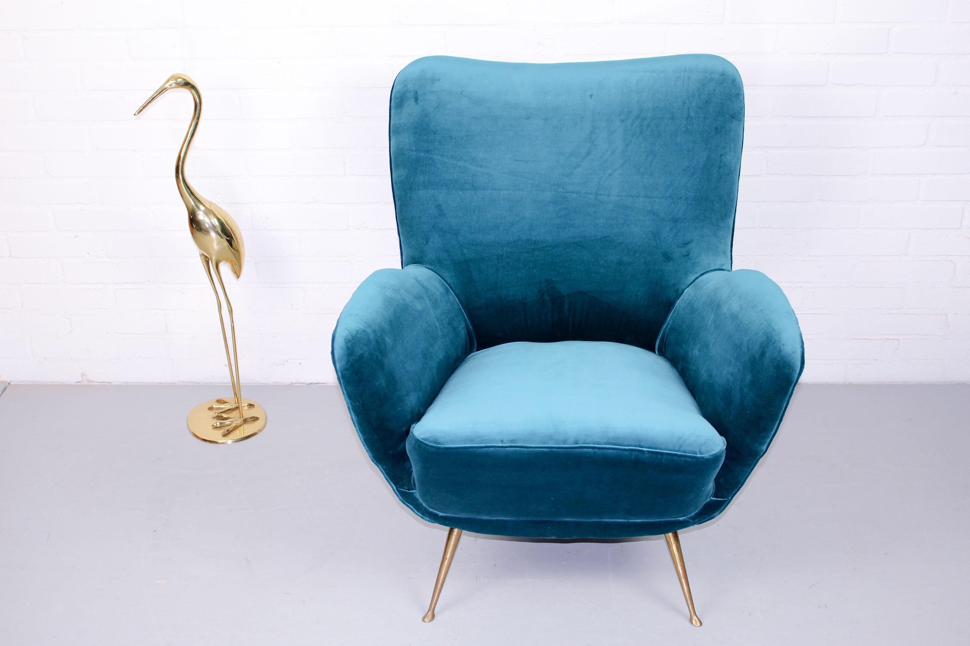 20th Century Midcentury Velvet Chair with Brass Legs, 1960s