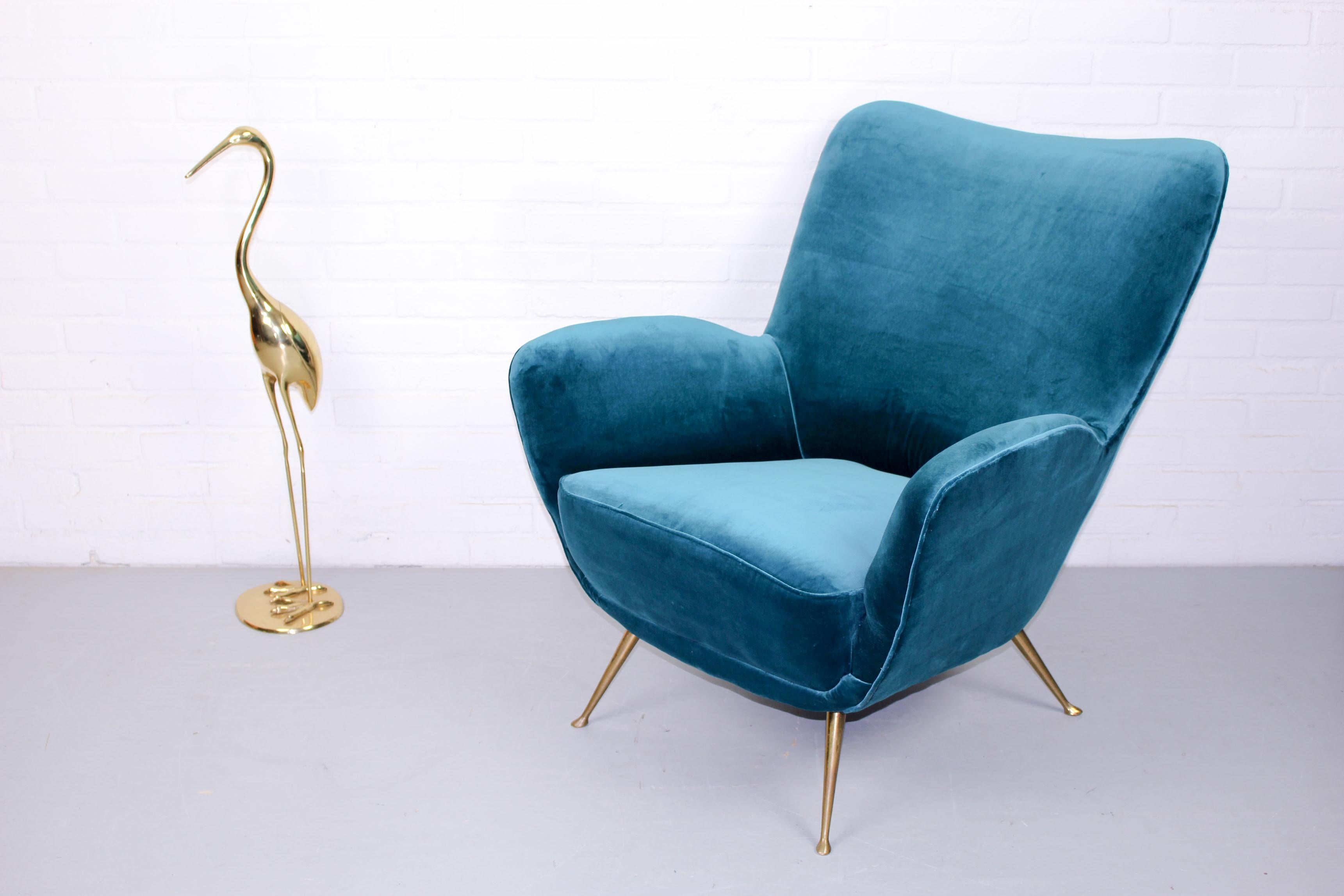 Midcentury Velvet Chair with Brass Legs, 1960s 1