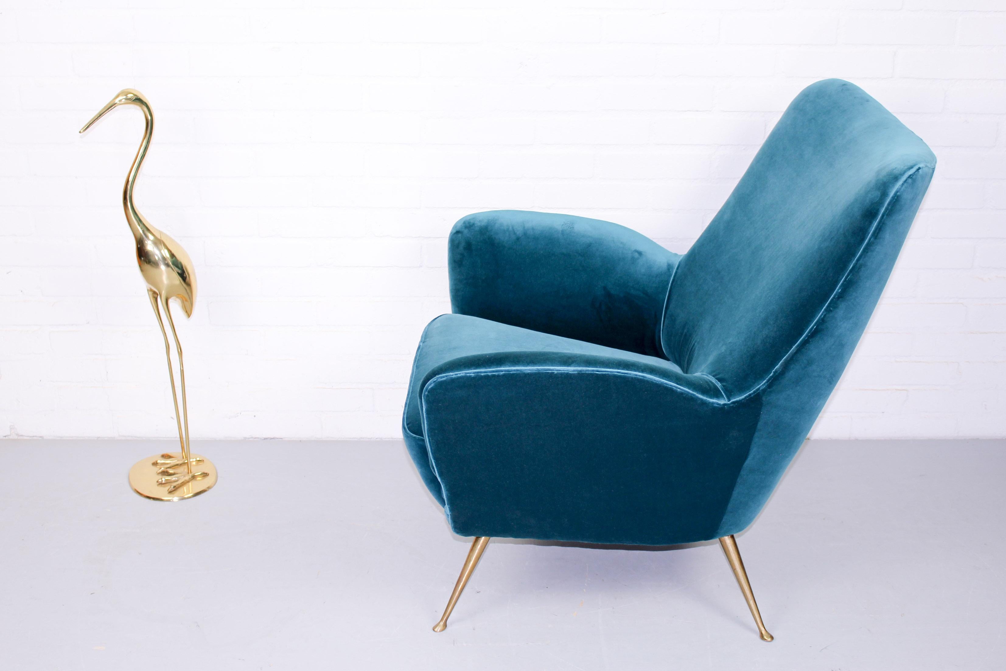 Midcentury Velvet Chair with Brass Legs, 1960s 2