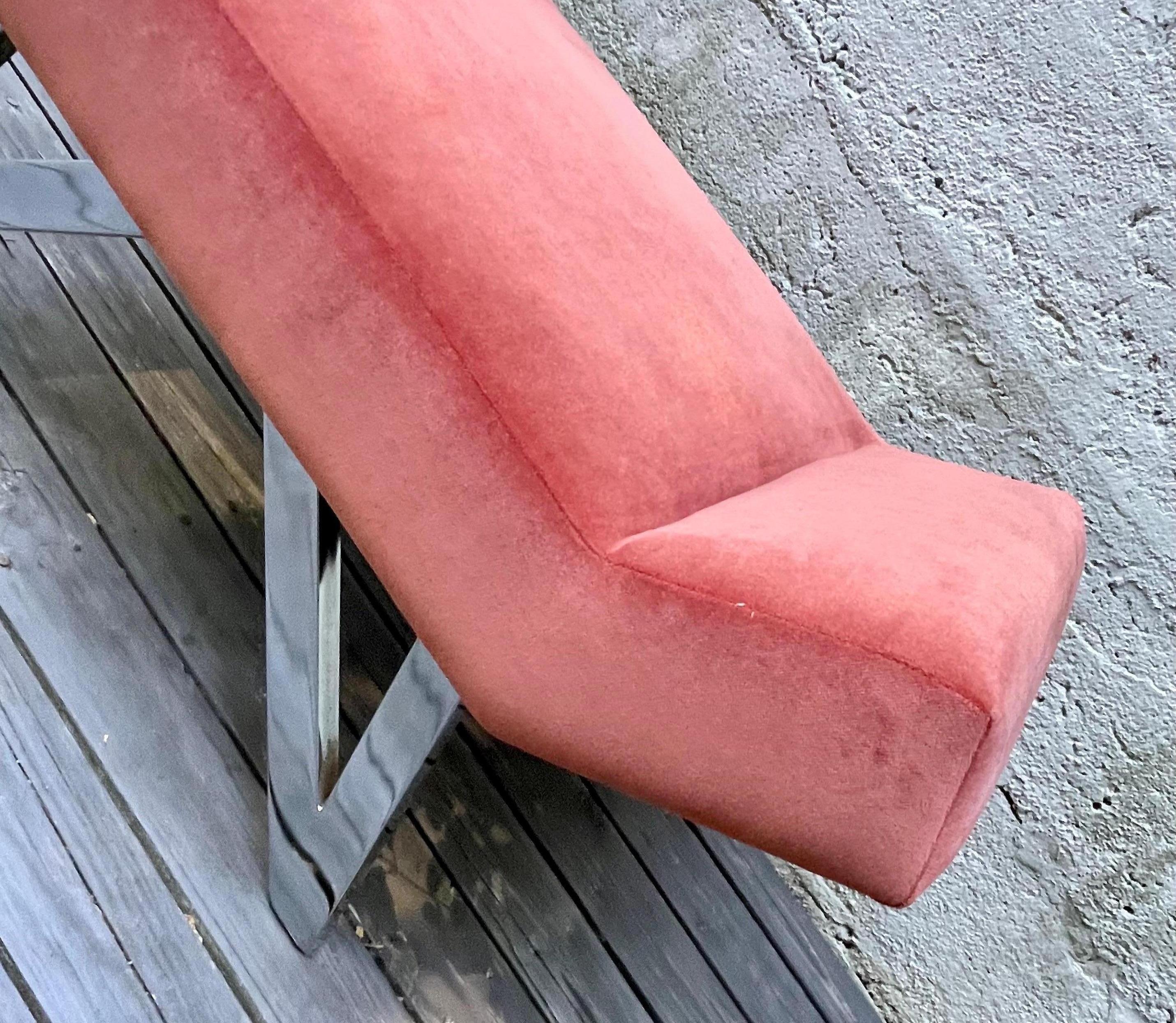 Mid-Century Modern Mid Century Velvet Upholstered Bench/Ottoman with Chrome Base, Salmon Velvet For Sale