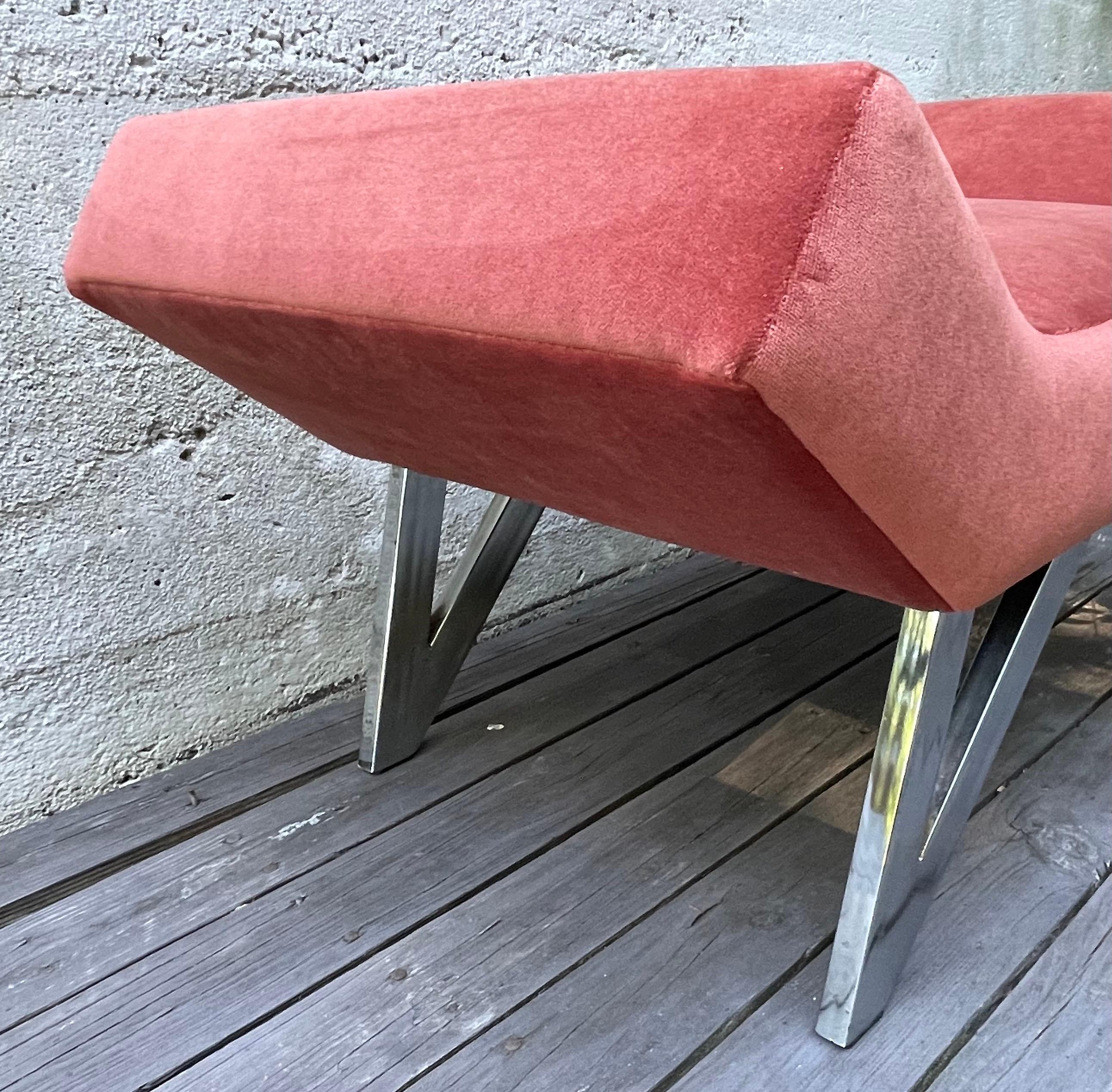 Canadian Mid Century Velvet Upholstered Bench/Ottoman with Chrome Base, Salmon Velvet For Sale