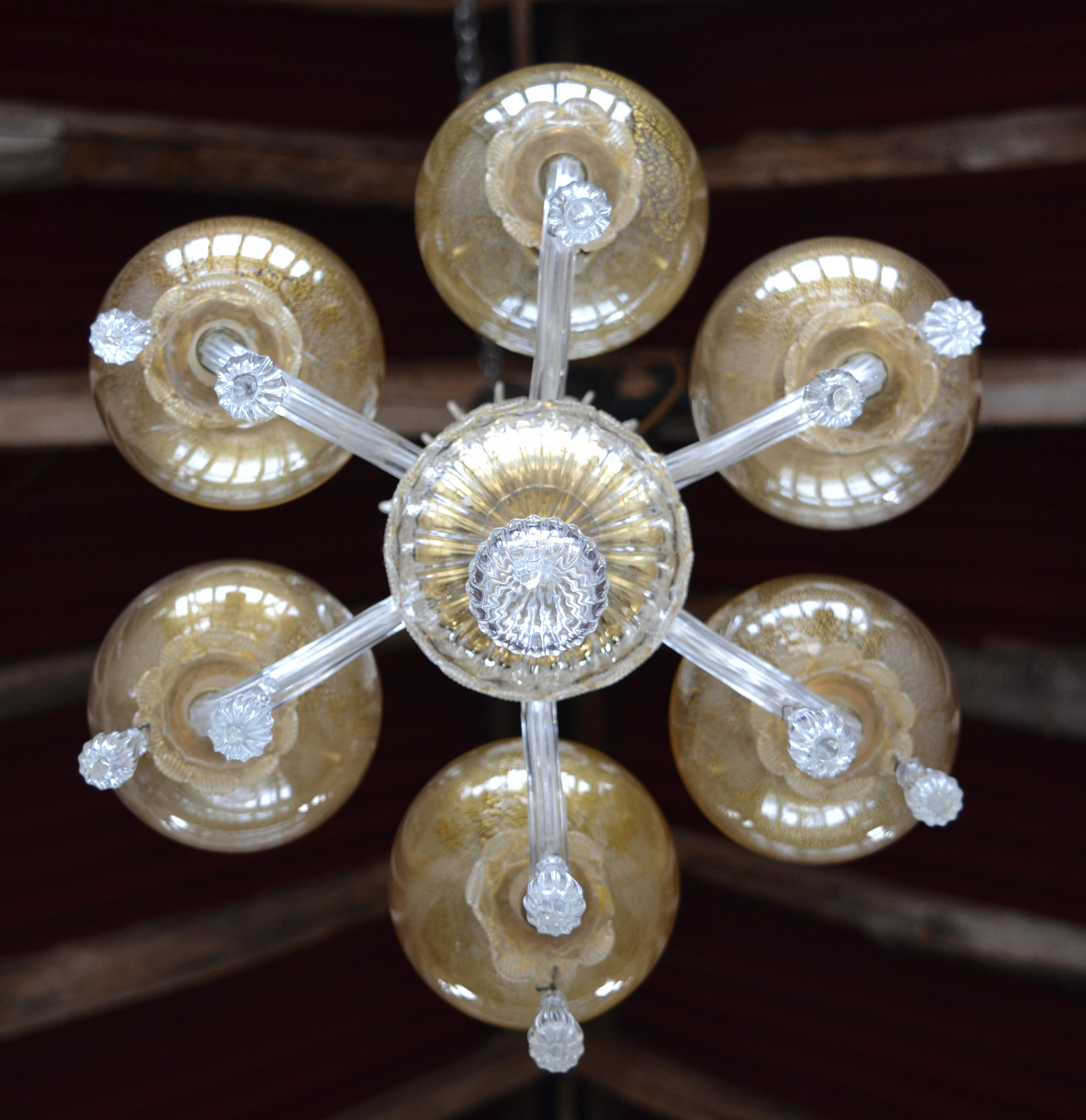 Mid-Century Modern Mid-Century Venetian 6 light Chandelier with unusual Gold Storm Shades  For Sale