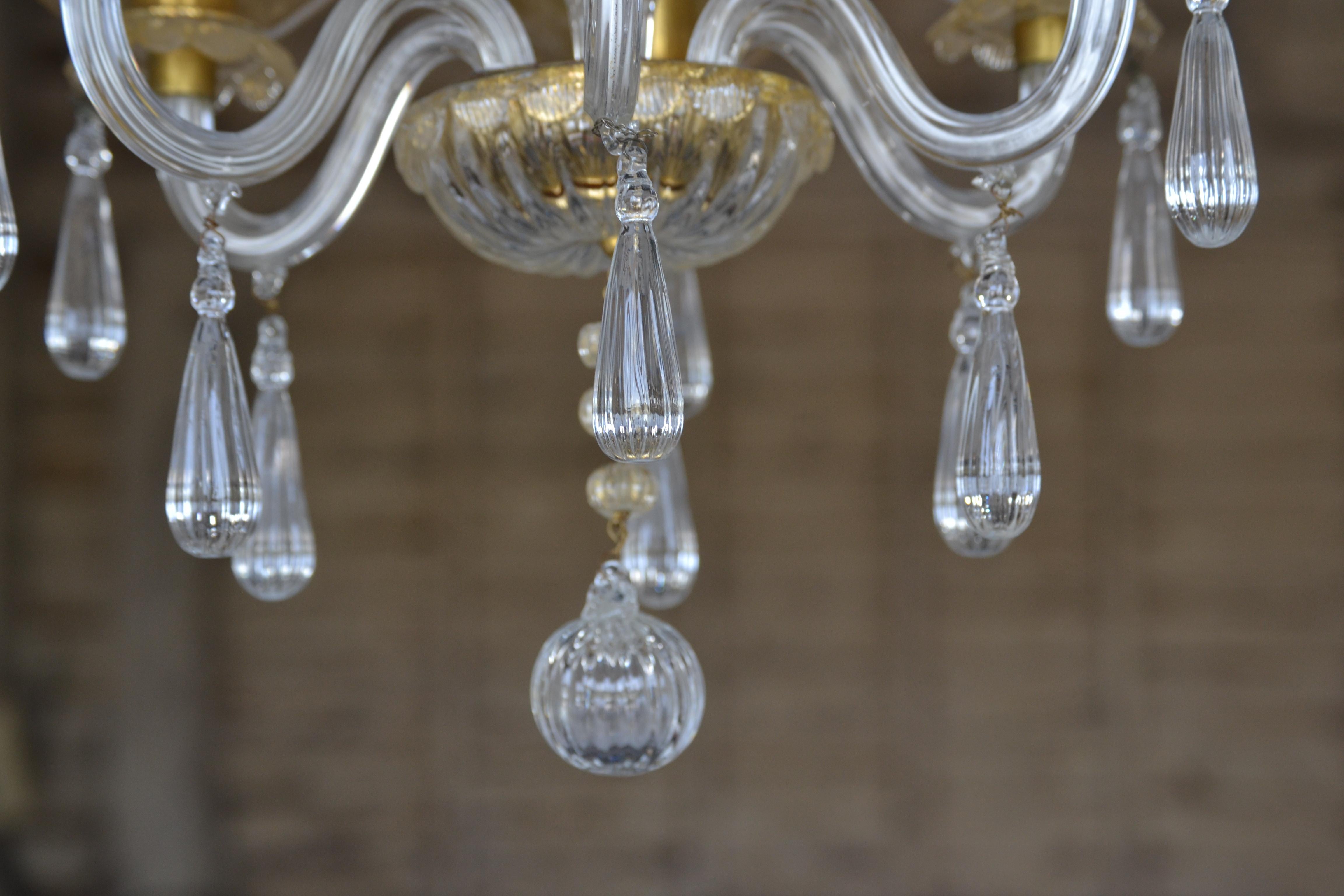 Italian Mid-Century Venetian 6 light Chandelier with unusual Gold Storm Shades  For Sale