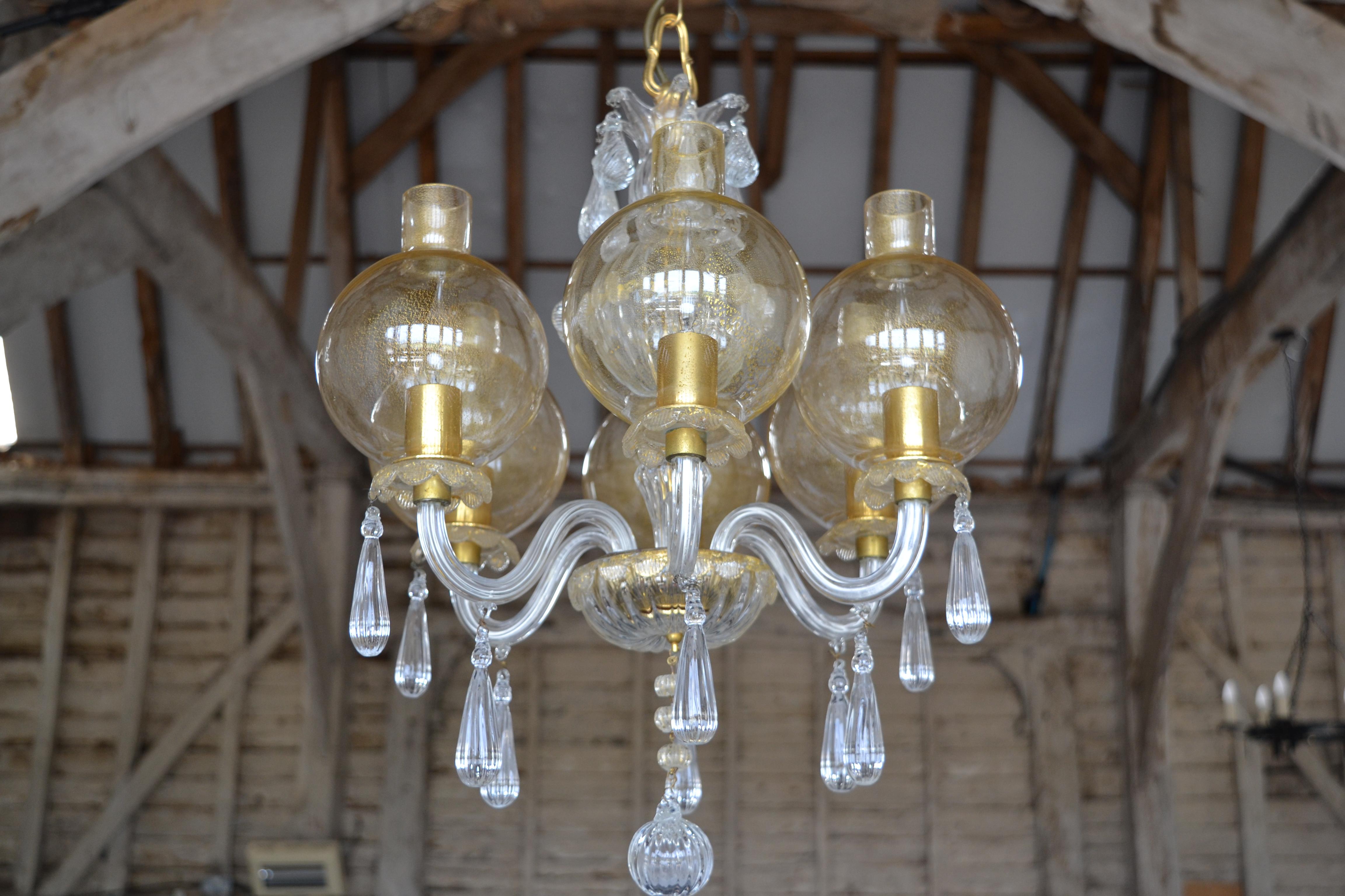 20th Century Mid-Century Venetian 6 light Chandelier with unusual Gold Storm Shades  For Sale