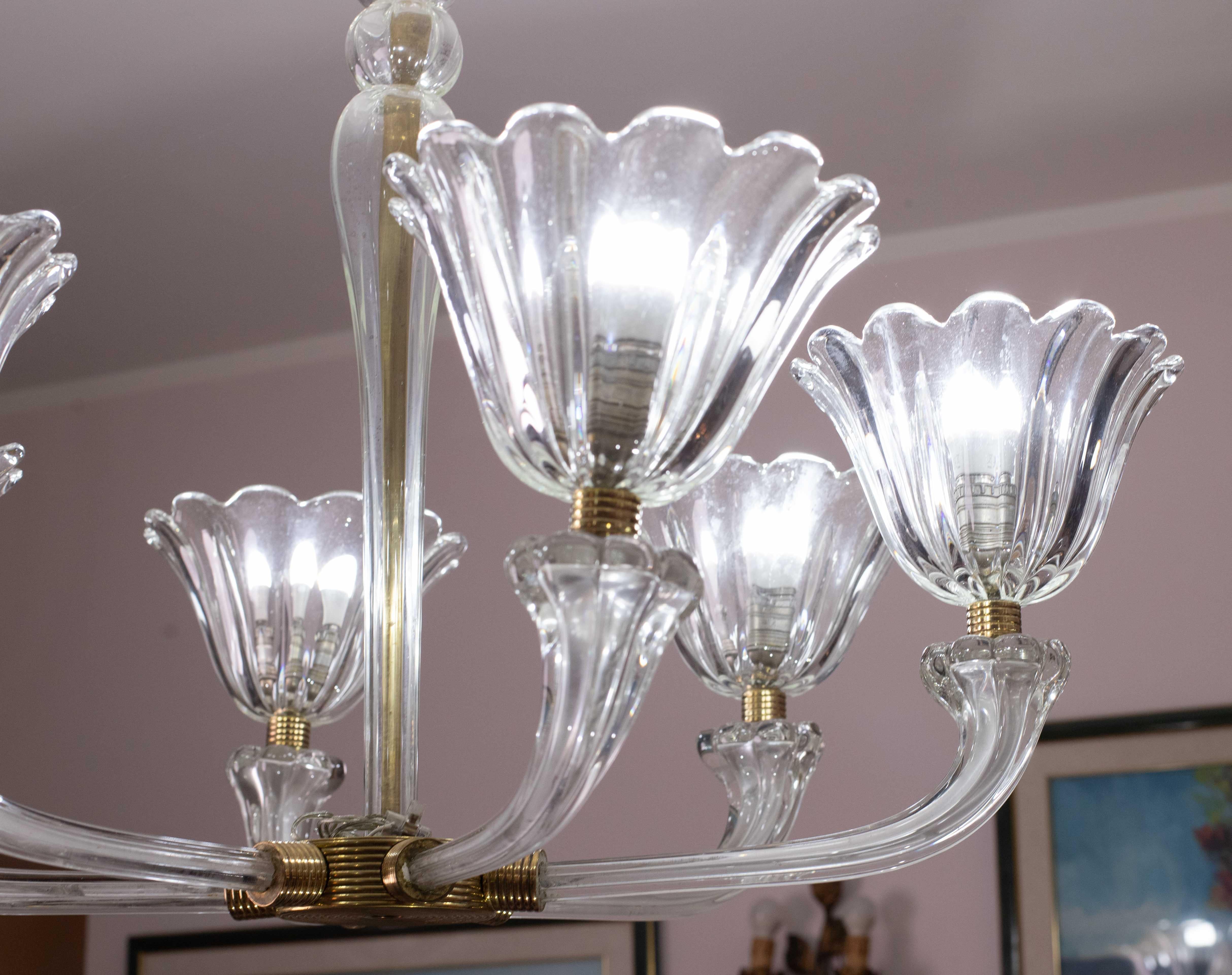 Lampadario a sei luci in vetro soffiato di Murano Art Deco di metà secolo di Seguso in vendita 4