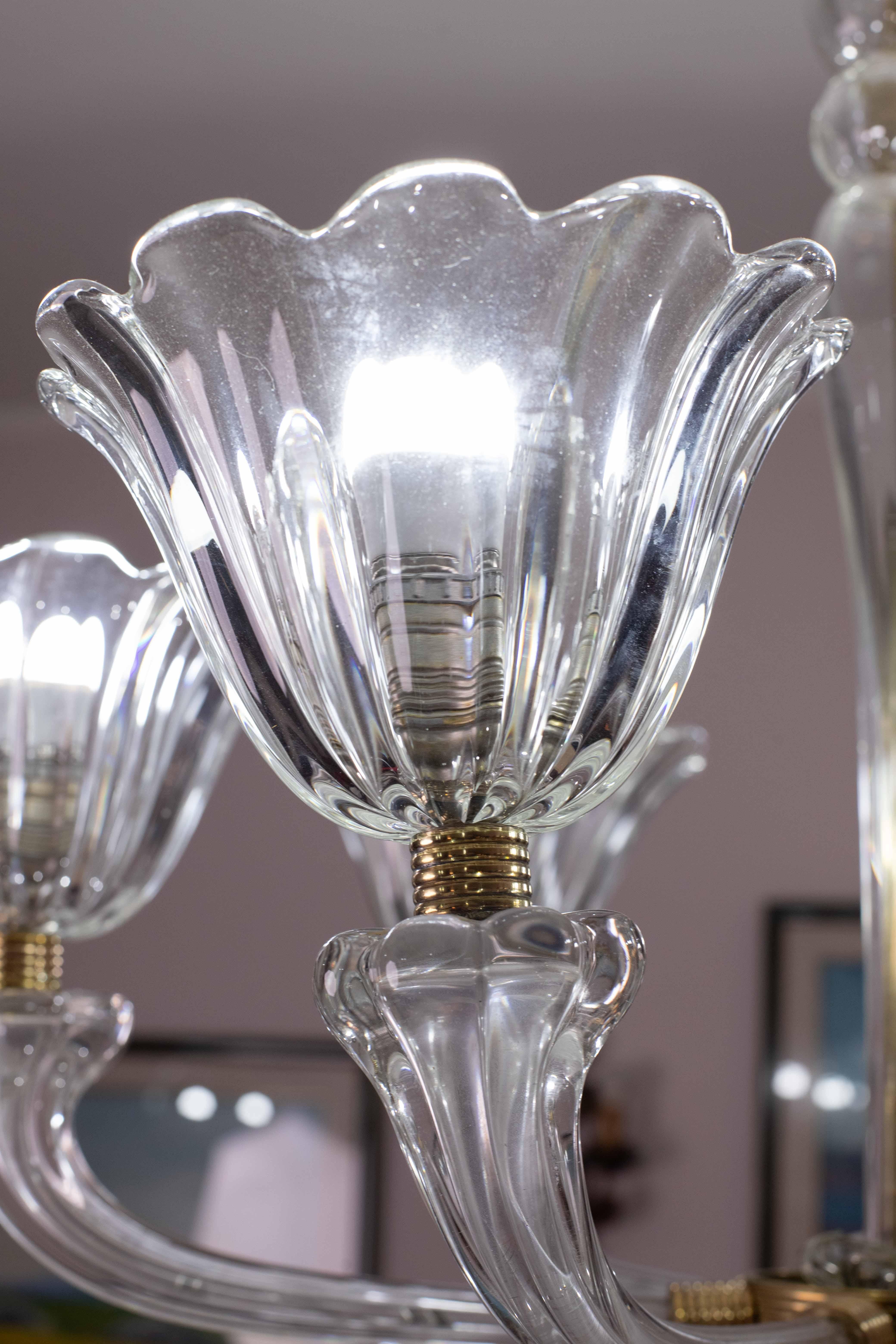 Lampadario a sei luci in vetro soffiato di Murano Art Deco di metà secolo di Seguso in vendita 5