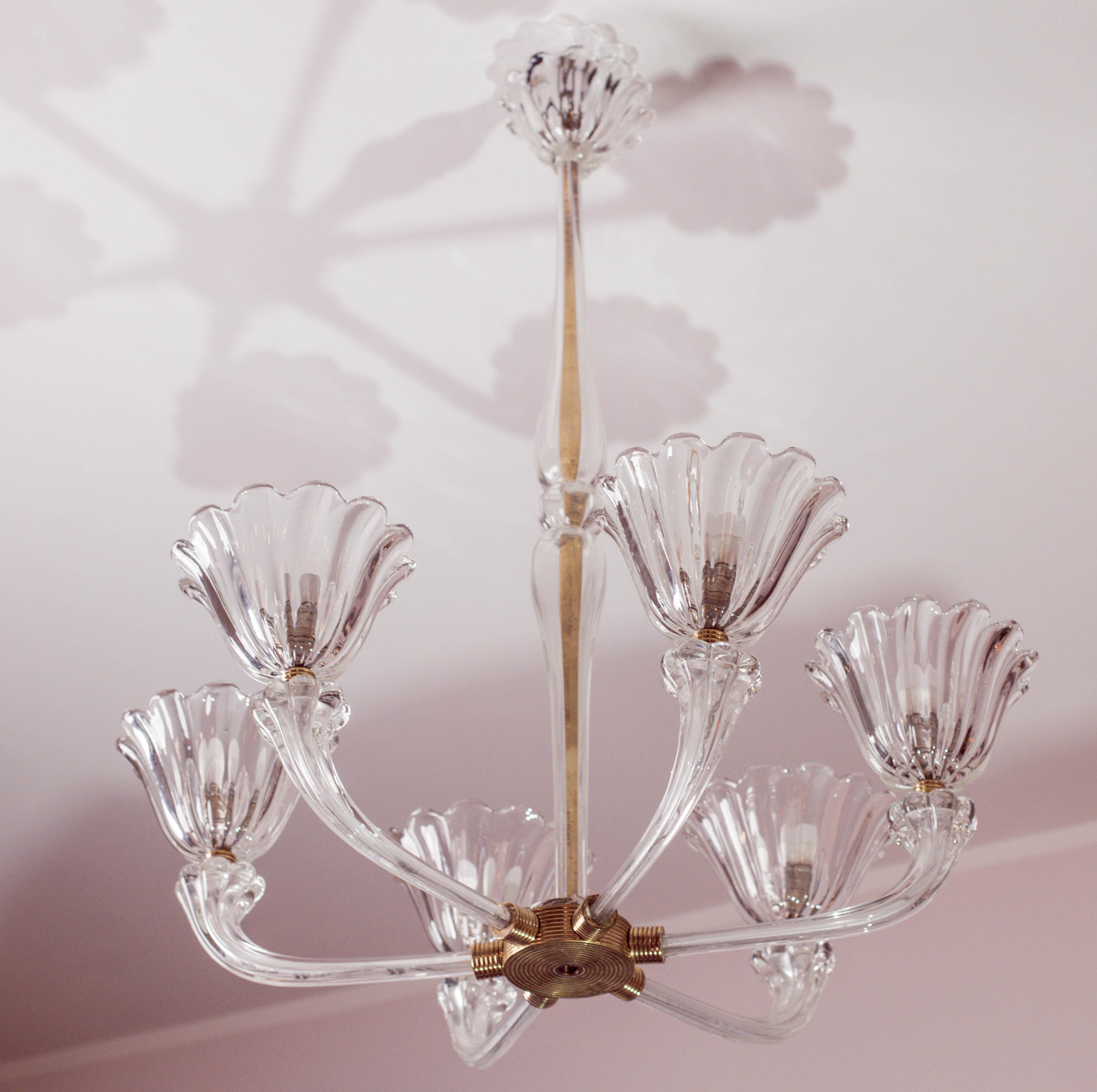 Lampadario a sei luci in vetro soffiato di Murano Art Deco di metà secolo di Seguso in vendita 6