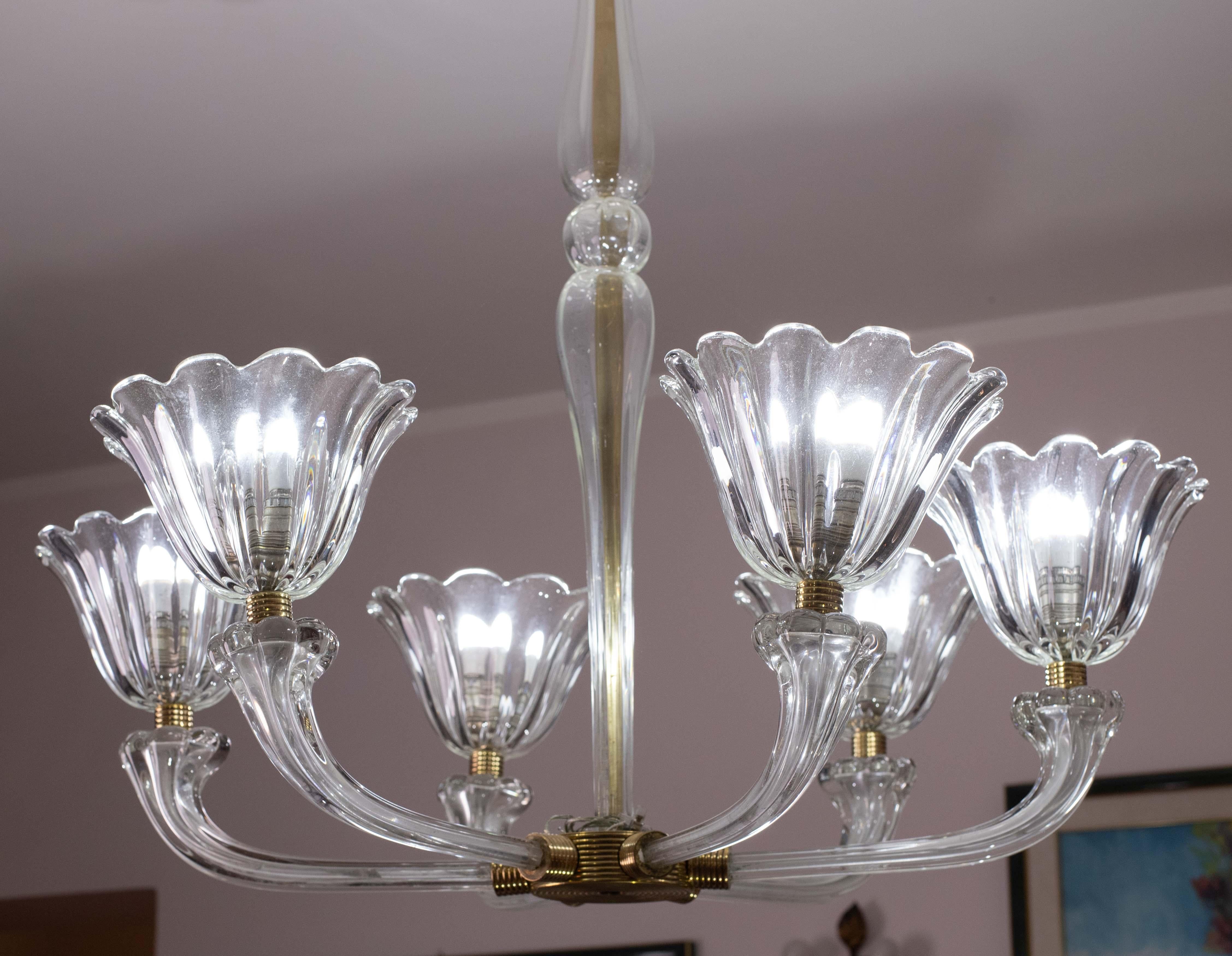 Lampadario a sei luci in vetro soffiato di Murano Art Deco di metà secolo di Seguso in vendita 7