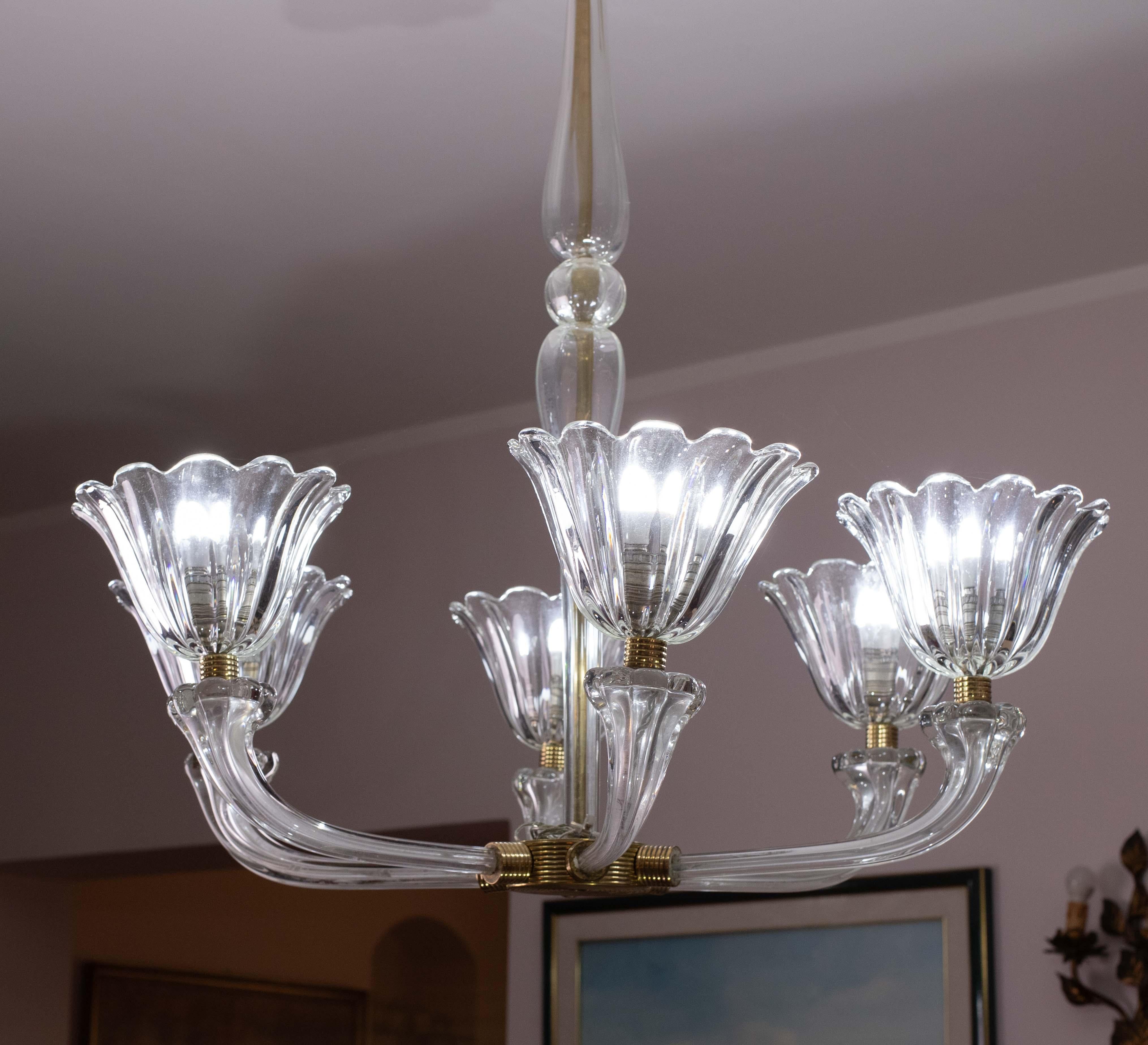 Lampadario a sei luci in vetro soffiato di Murano Art Deco di metà secolo di Seguso in vendita 10