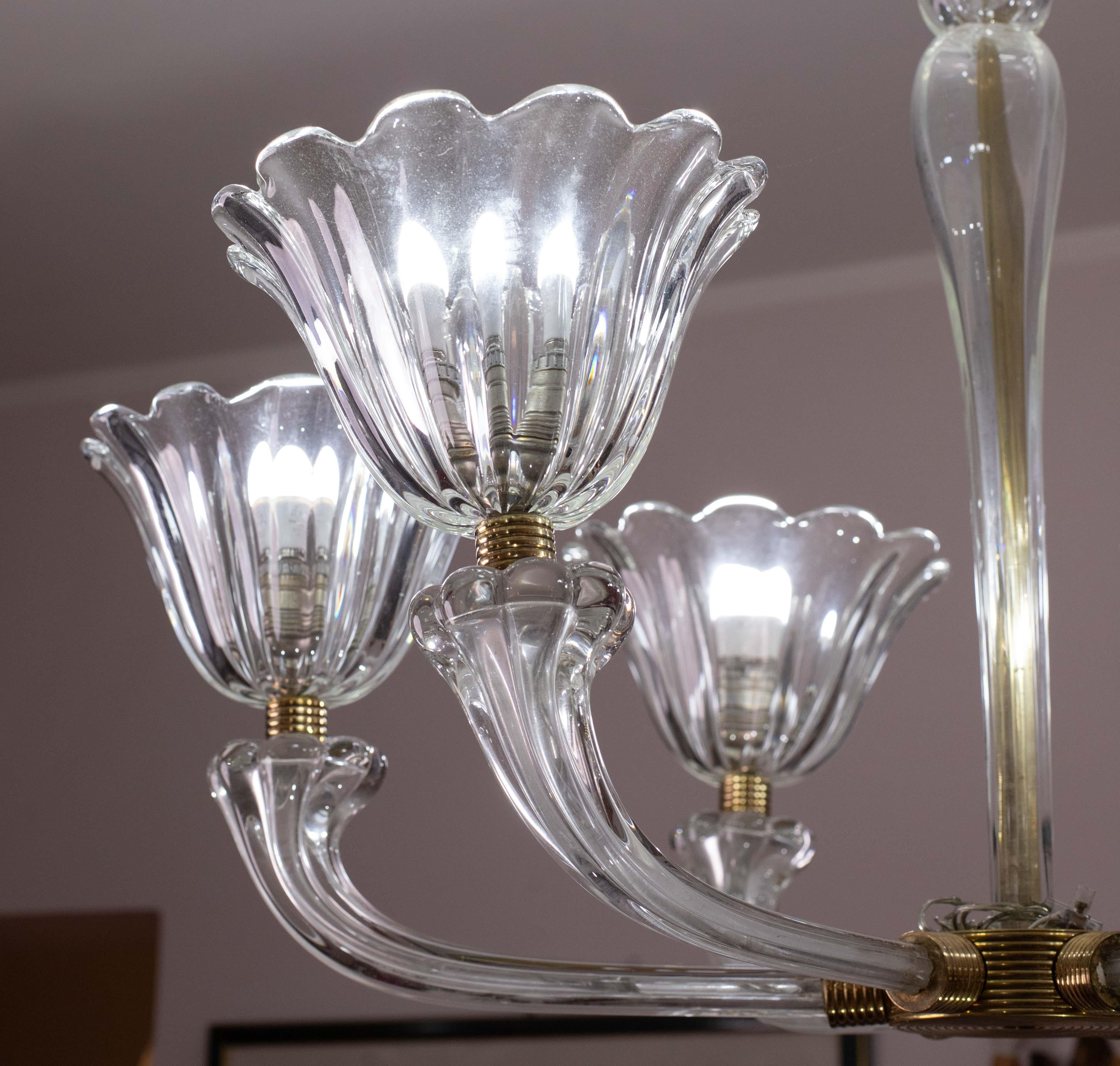Lampadario a sei luci in vetro soffiato di Murano Art Deco di metà secolo di Seguso In condizioni buone in vendita a Roma, IT