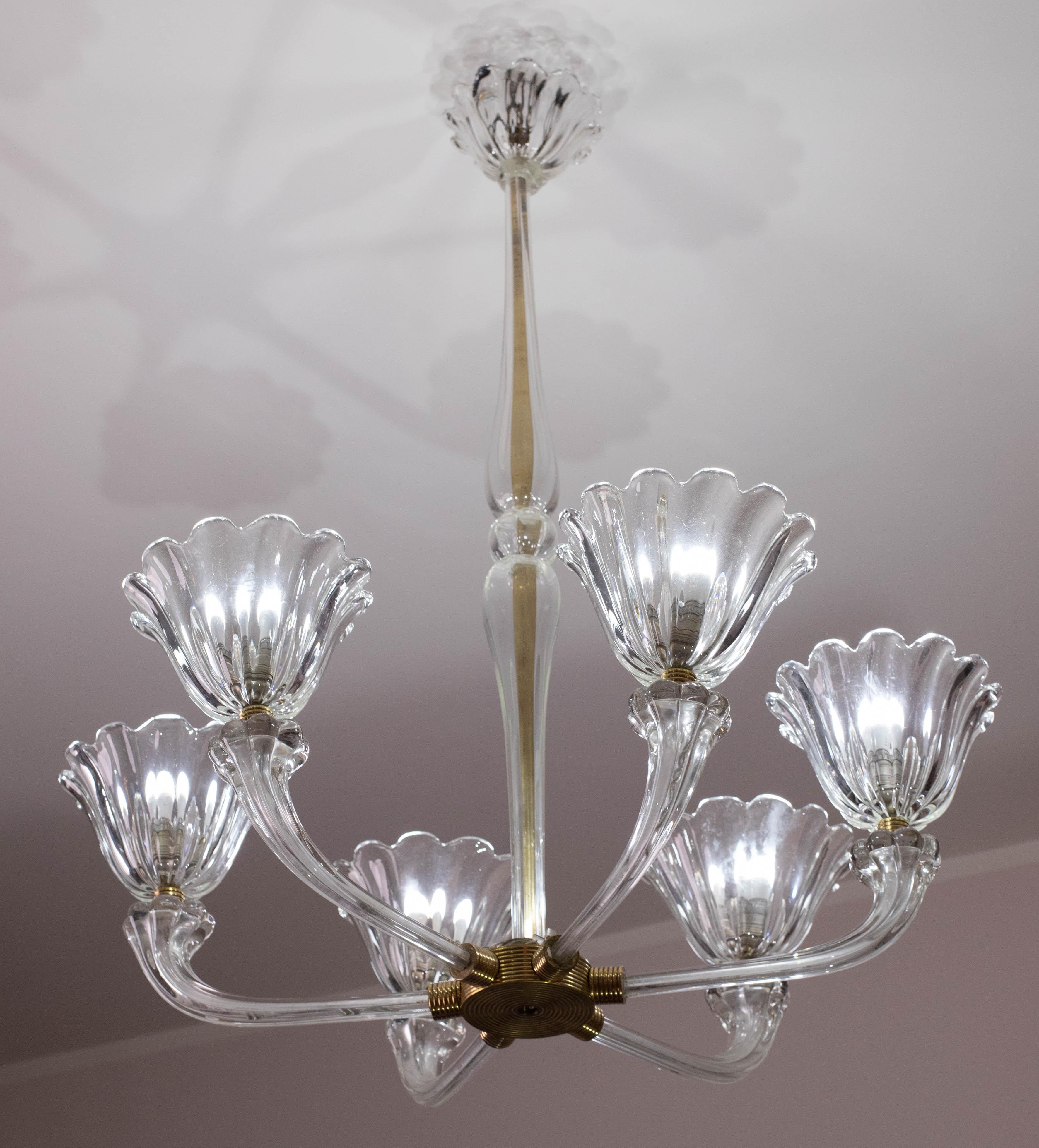 Vetro di Murano Lampadario a sei luci in vetro soffiato di Murano Art Deco di metà secolo di Seguso in vendita