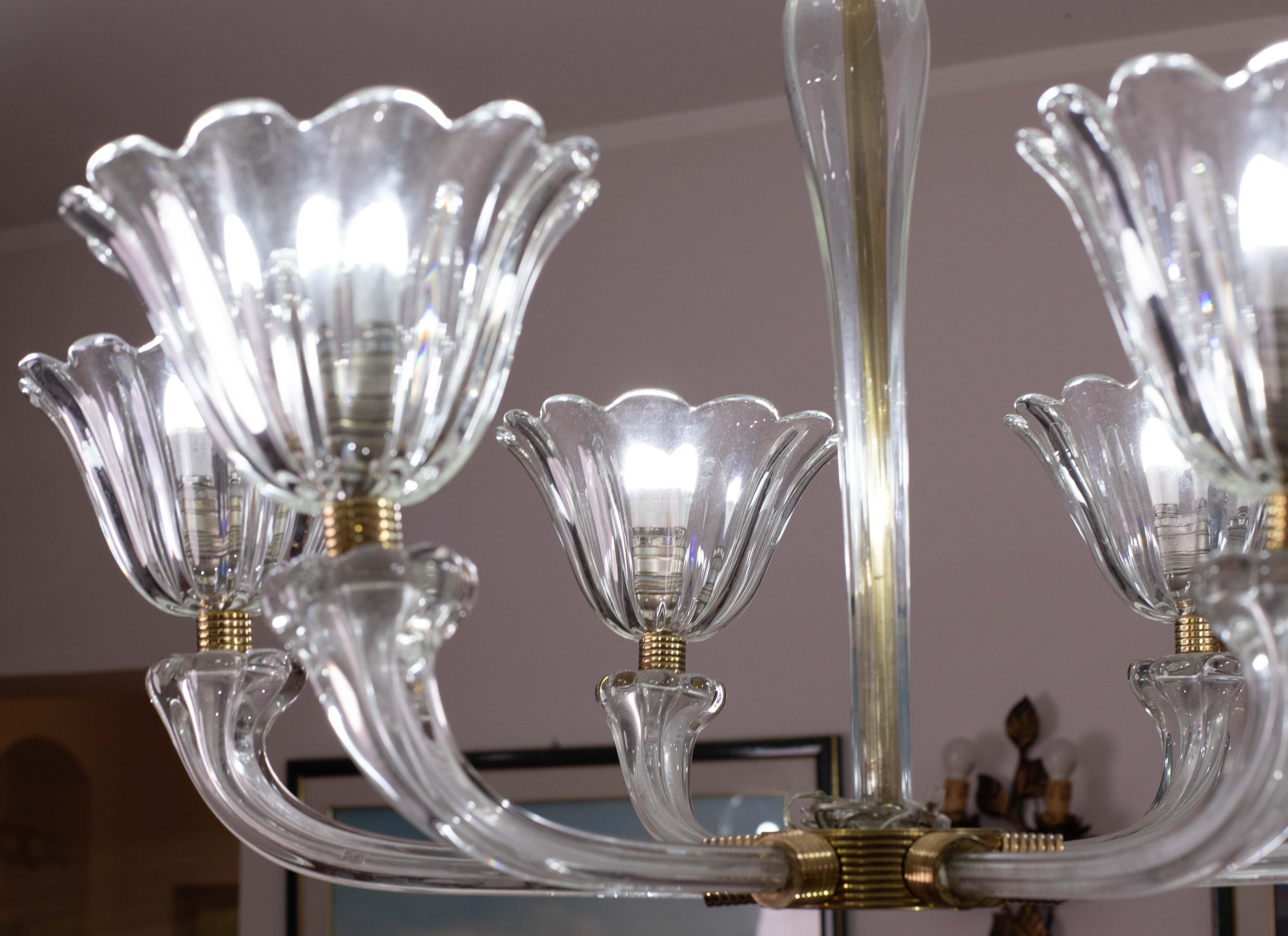 Lampadario a sei luci in vetro soffiato di Murano Art Deco di metà secolo di Seguso in vendita 1
