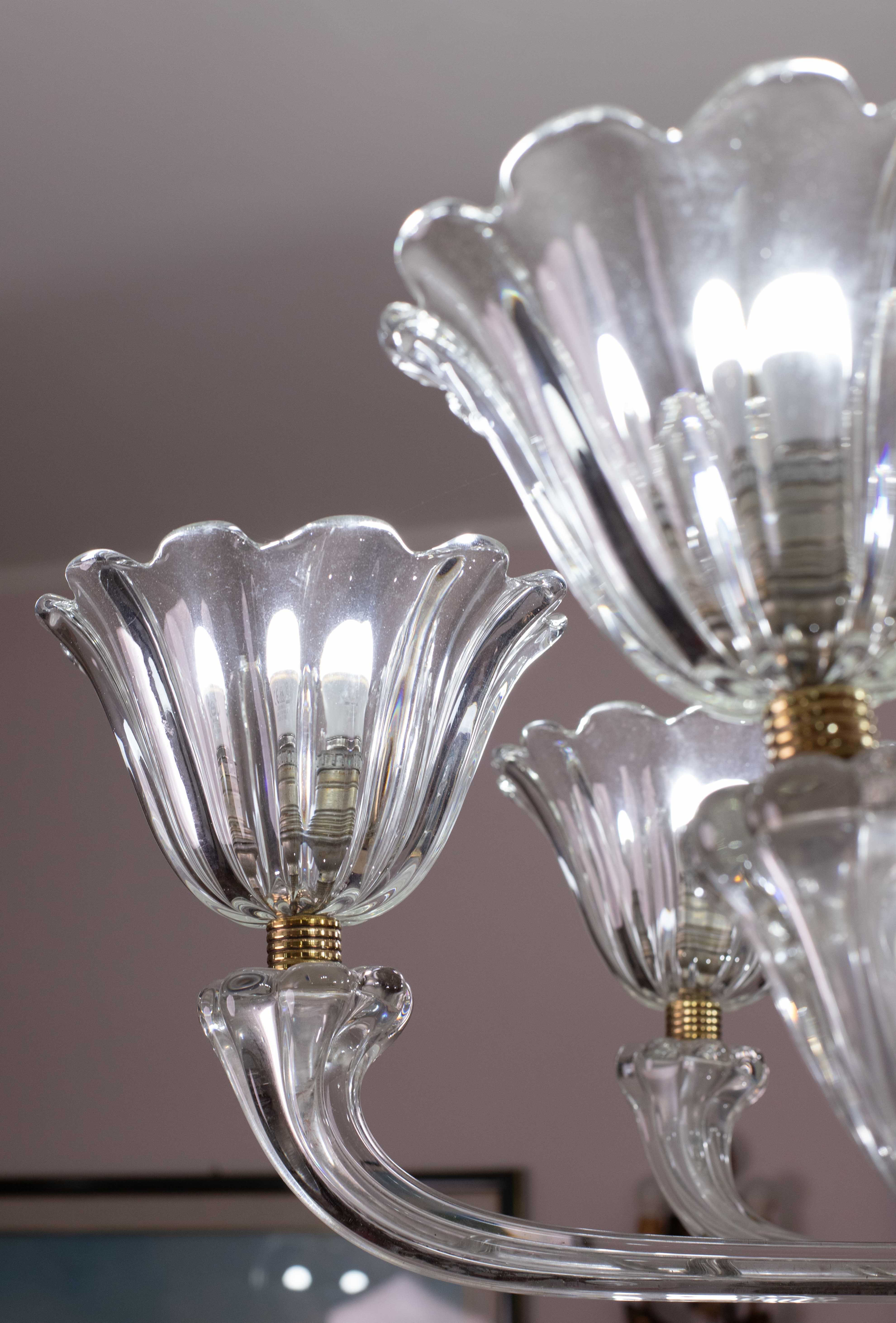 Lampadario a sei luci in vetro soffiato di Murano Art Deco di metà secolo di Seguso in vendita 2