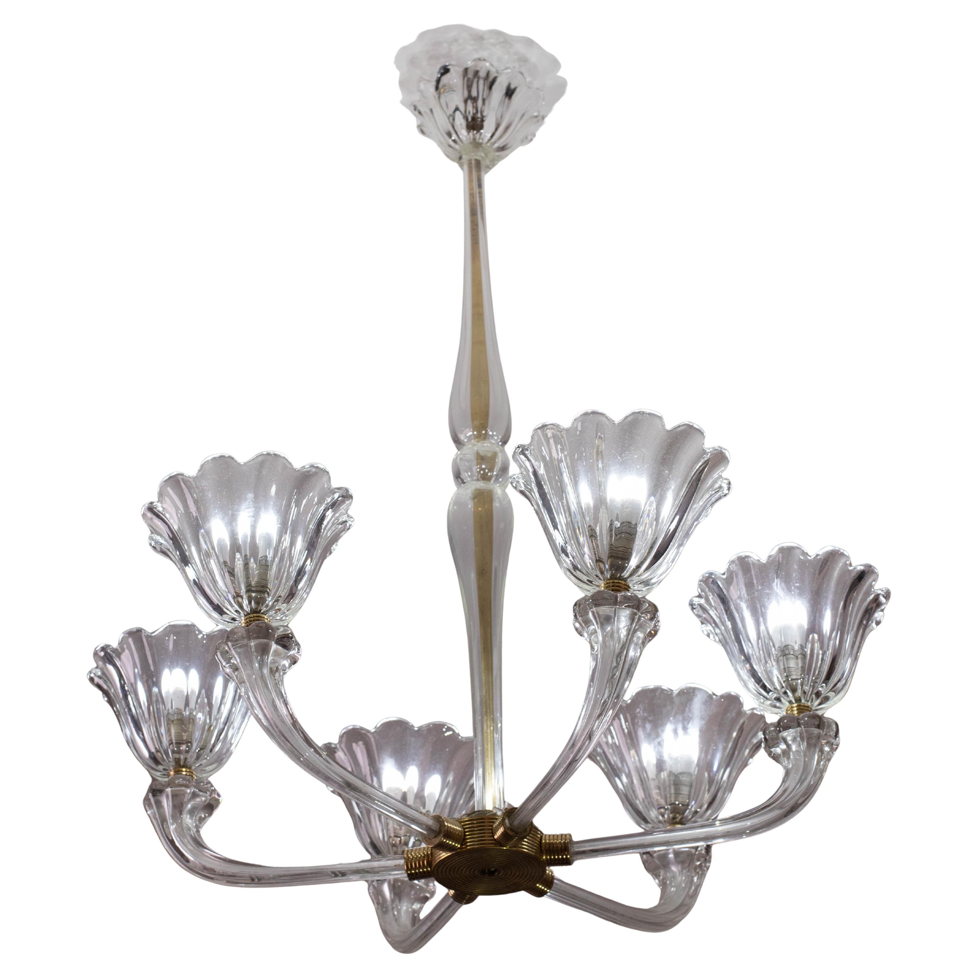 Lampadario a sei luci in vetro soffiato di Murano Art Deco di metà secolo di Seguso in vendita