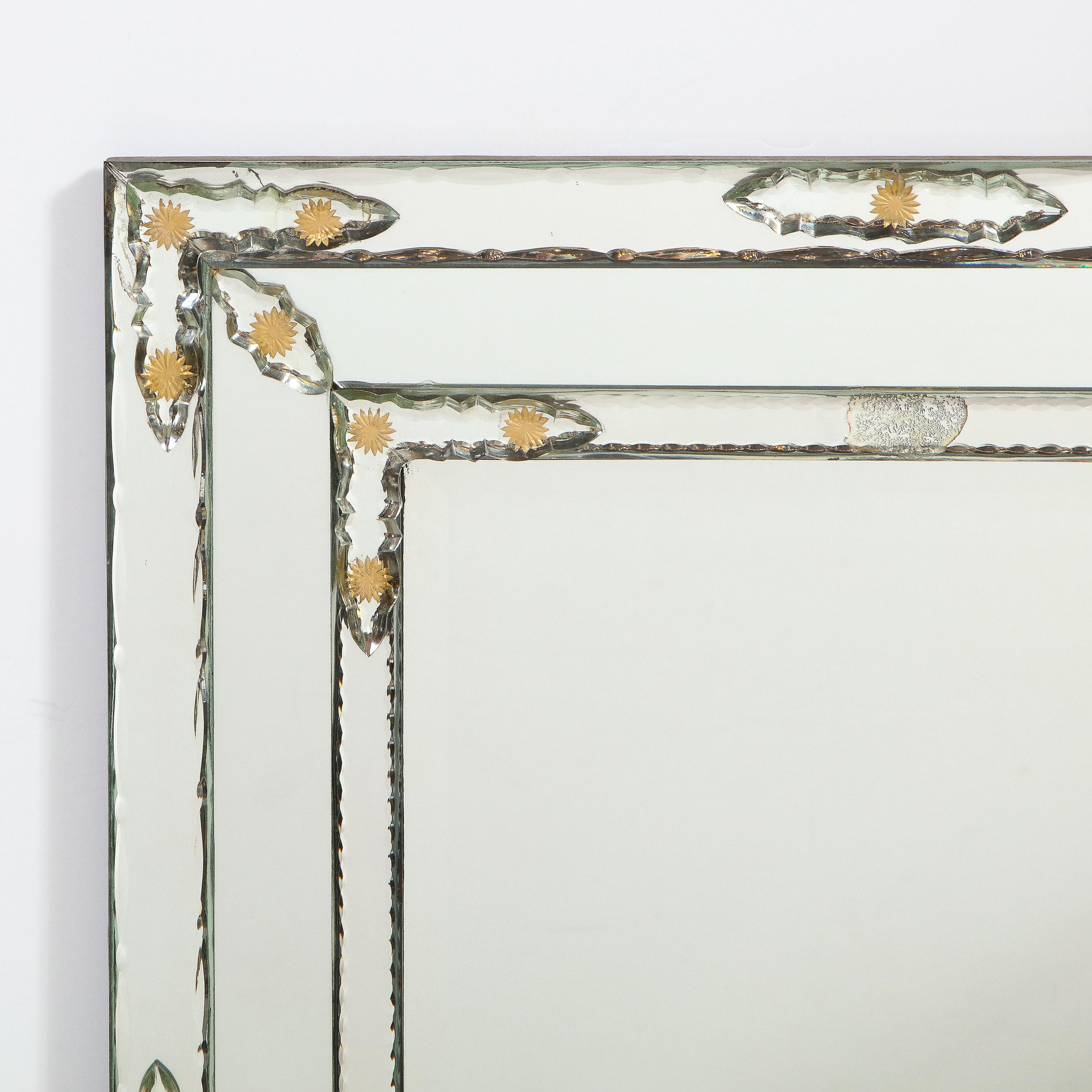 Mid-Century Modern Midcentury Venetian Beveled Mirror w/ Gold Sunburst Etchings & Mirror Appliques