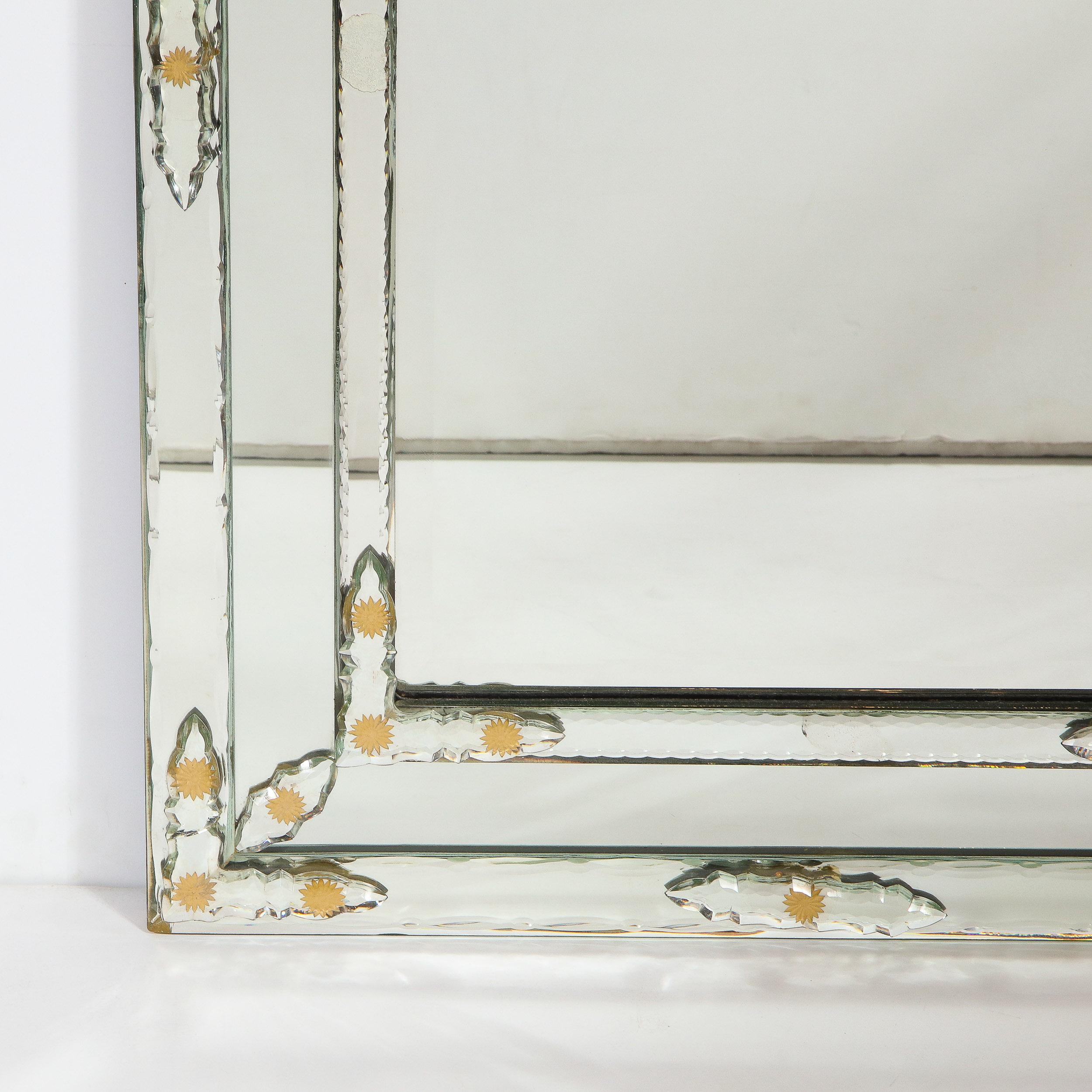 Italian Midcentury Venetian Beveled Mirror w/ Gold Sunburst Etchings & Mirror Appliques