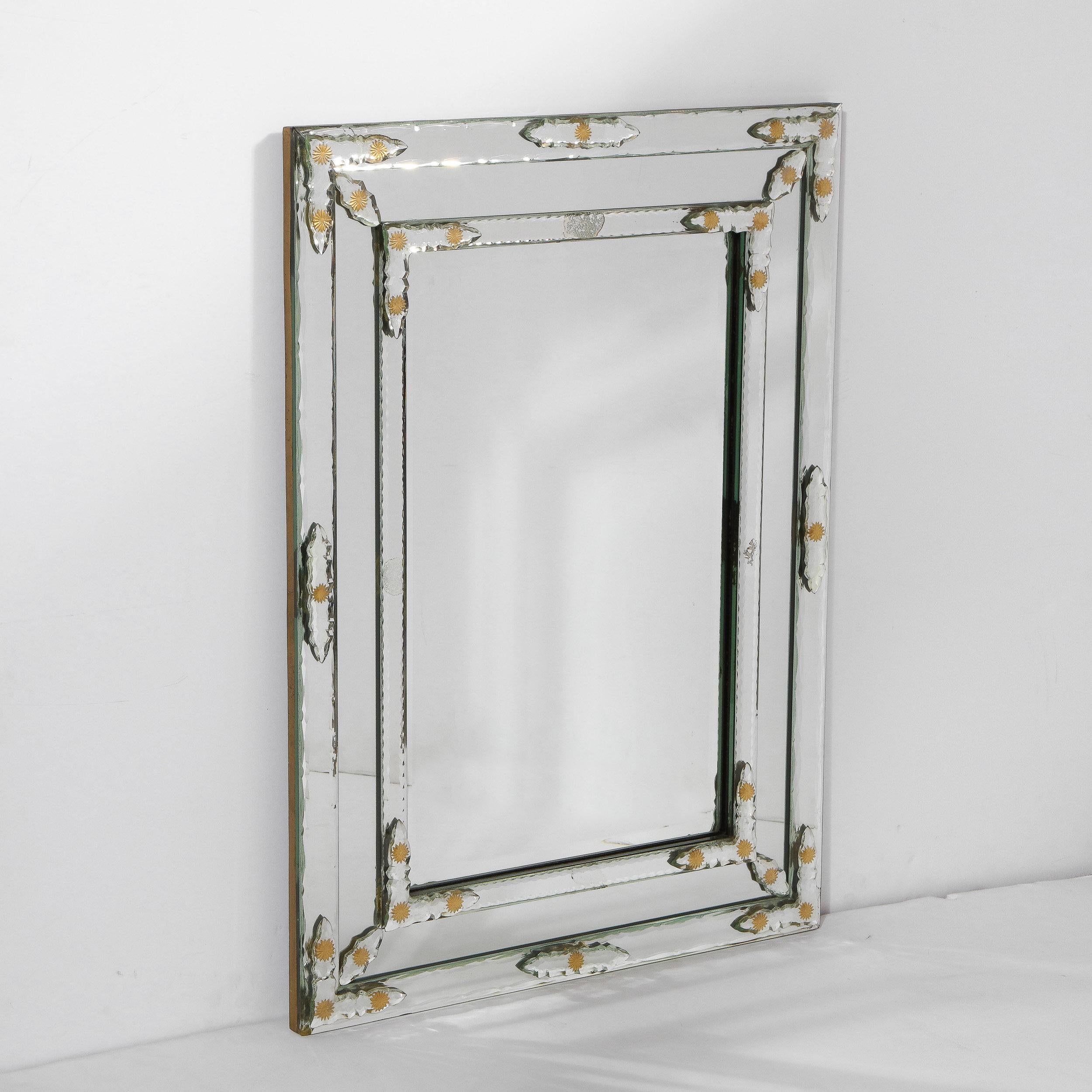 Mid-20th Century Midcentury Venetian Beveled Mirror w/ Gold Sunburst Etchings & Mirror Appliques