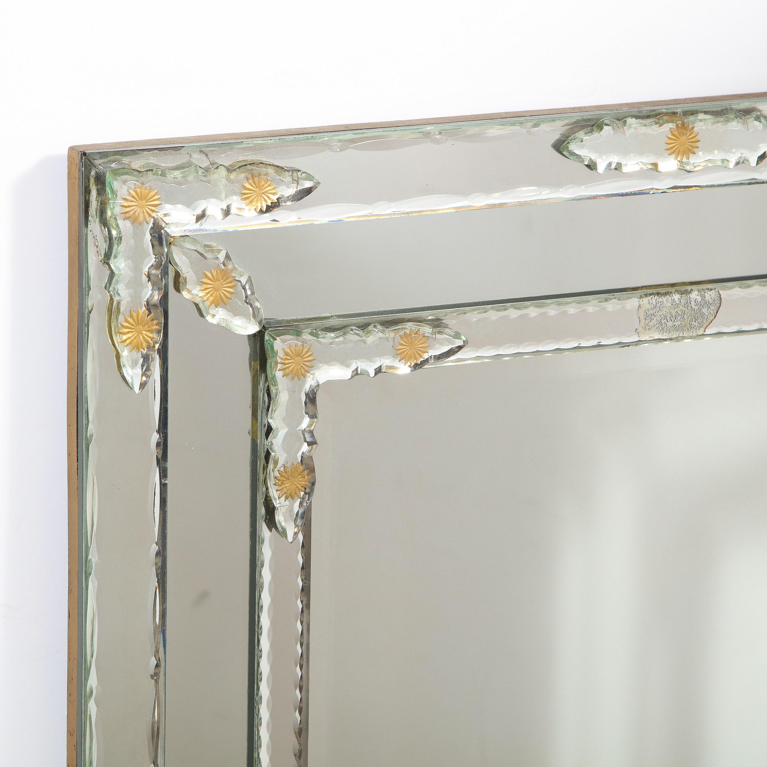 Abalone Midcentury Venetian Beveled Mirror w/ Gold Sunburst Etchings & Mirror Appliques