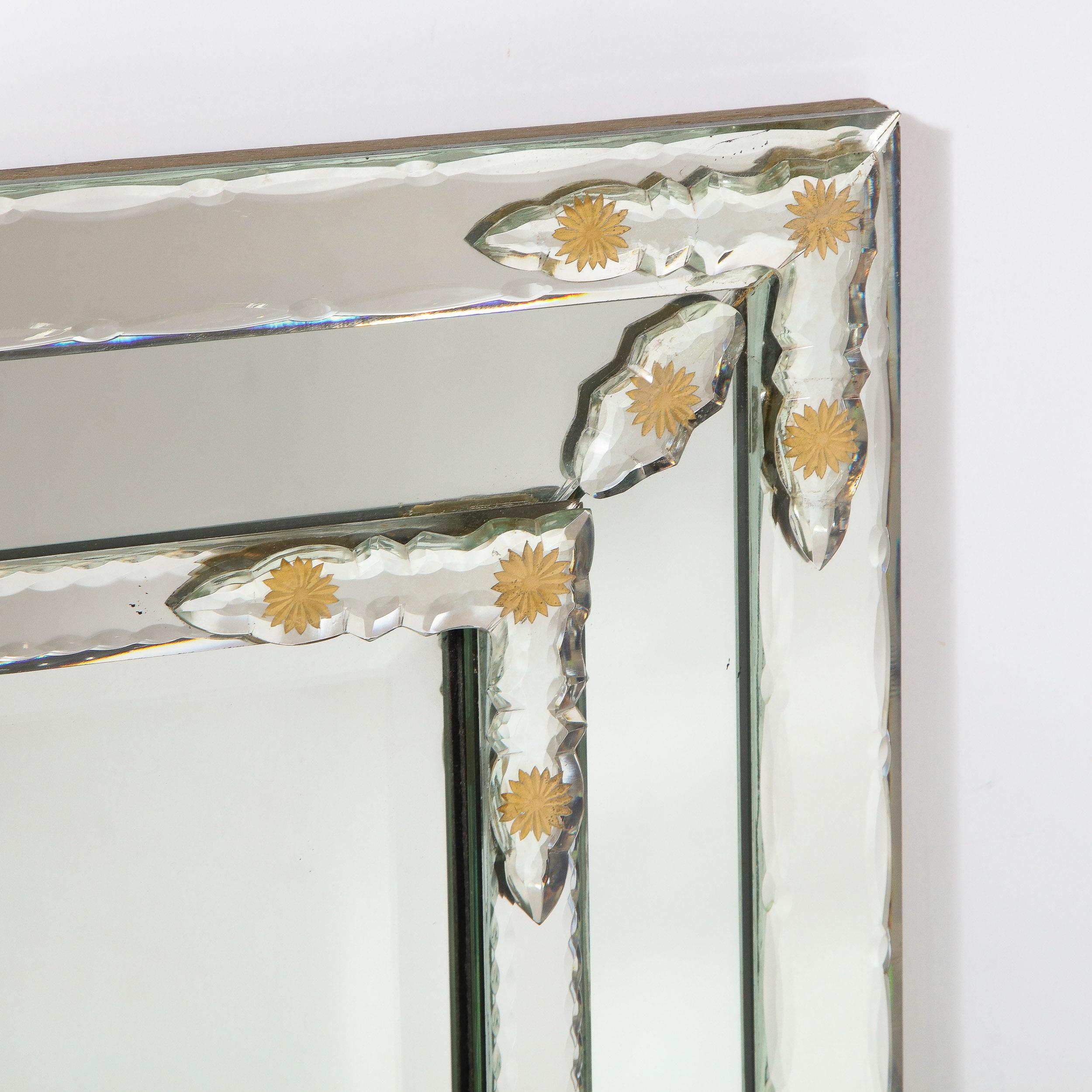 Midcentury Venetian Beveled Mirror w/ Gold Sunburst Etchings & Mirror Appliques 1